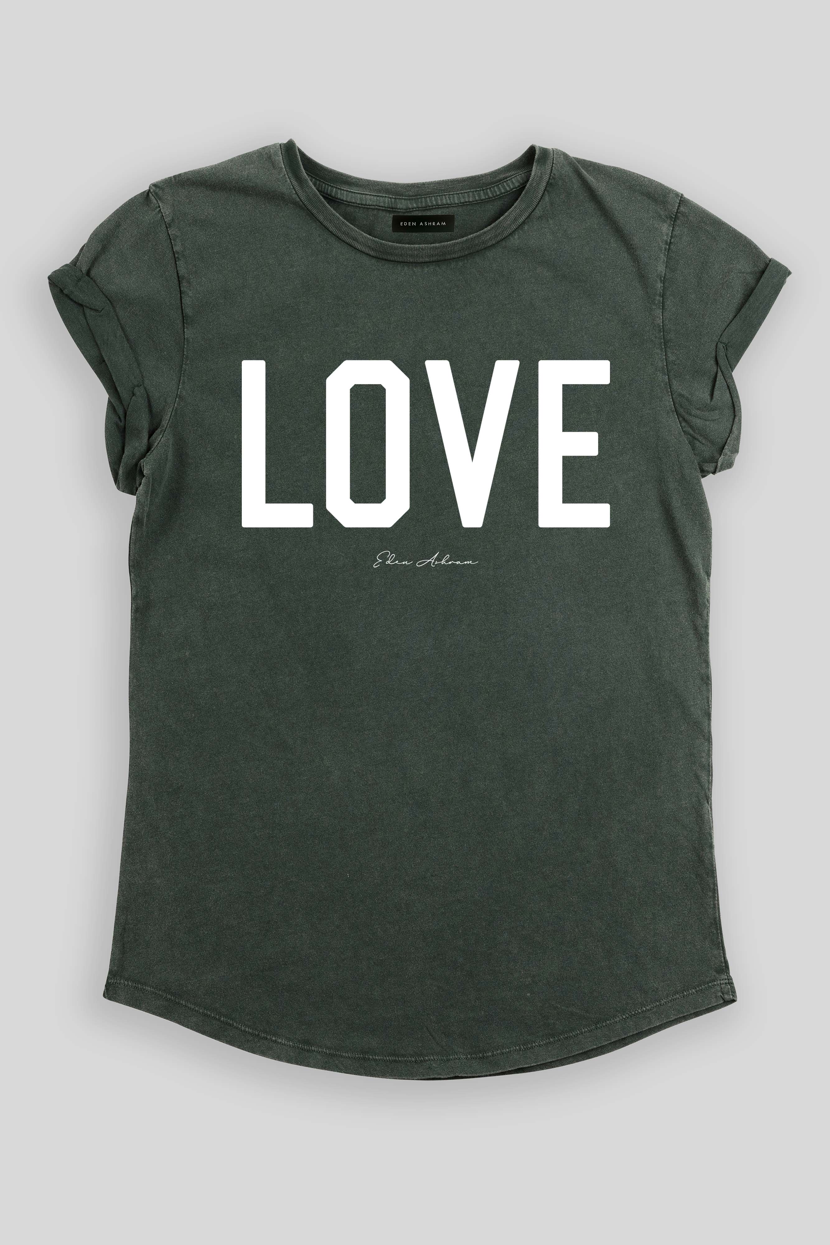 EDEN ASHRAM LOVE Premium Rolled Sleeve T-Shirt Stonewash Green