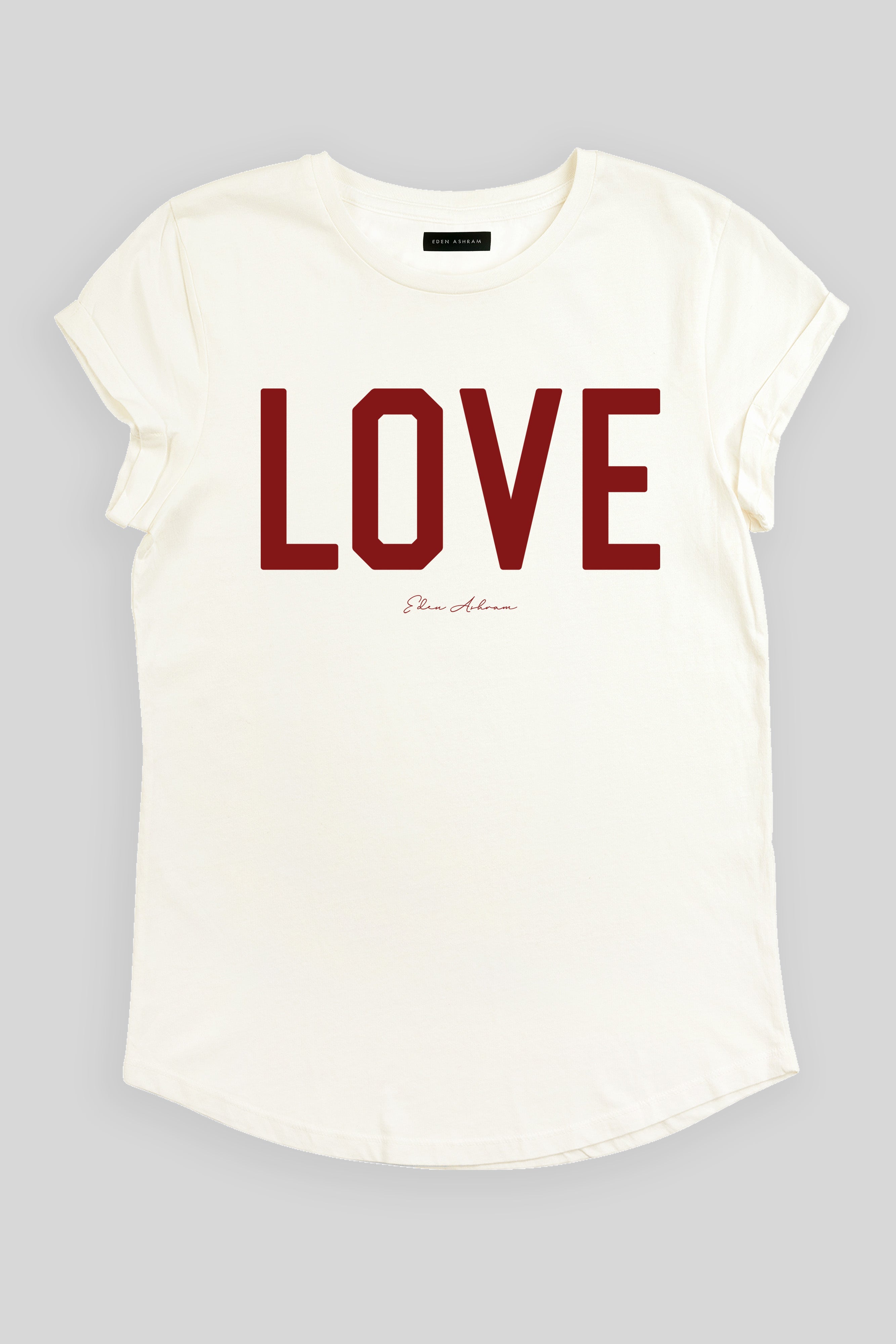 EDEN ASHRAM LOVE Premium Rolled Sleeve T-Shirt Stonewash White