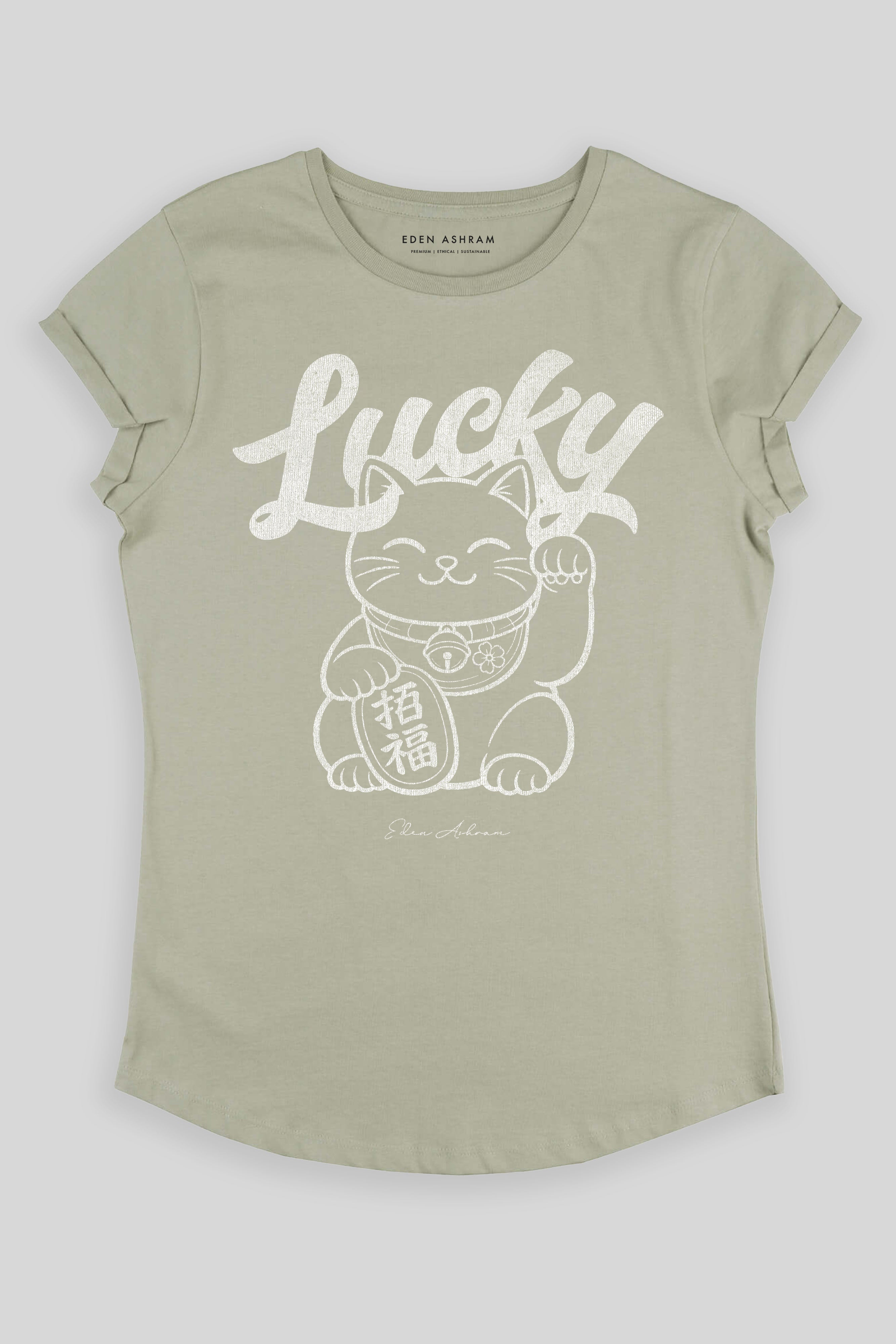 Eden Ashram Lucky Cat Premium Rolled Sleeve T-Shirt Light Olive