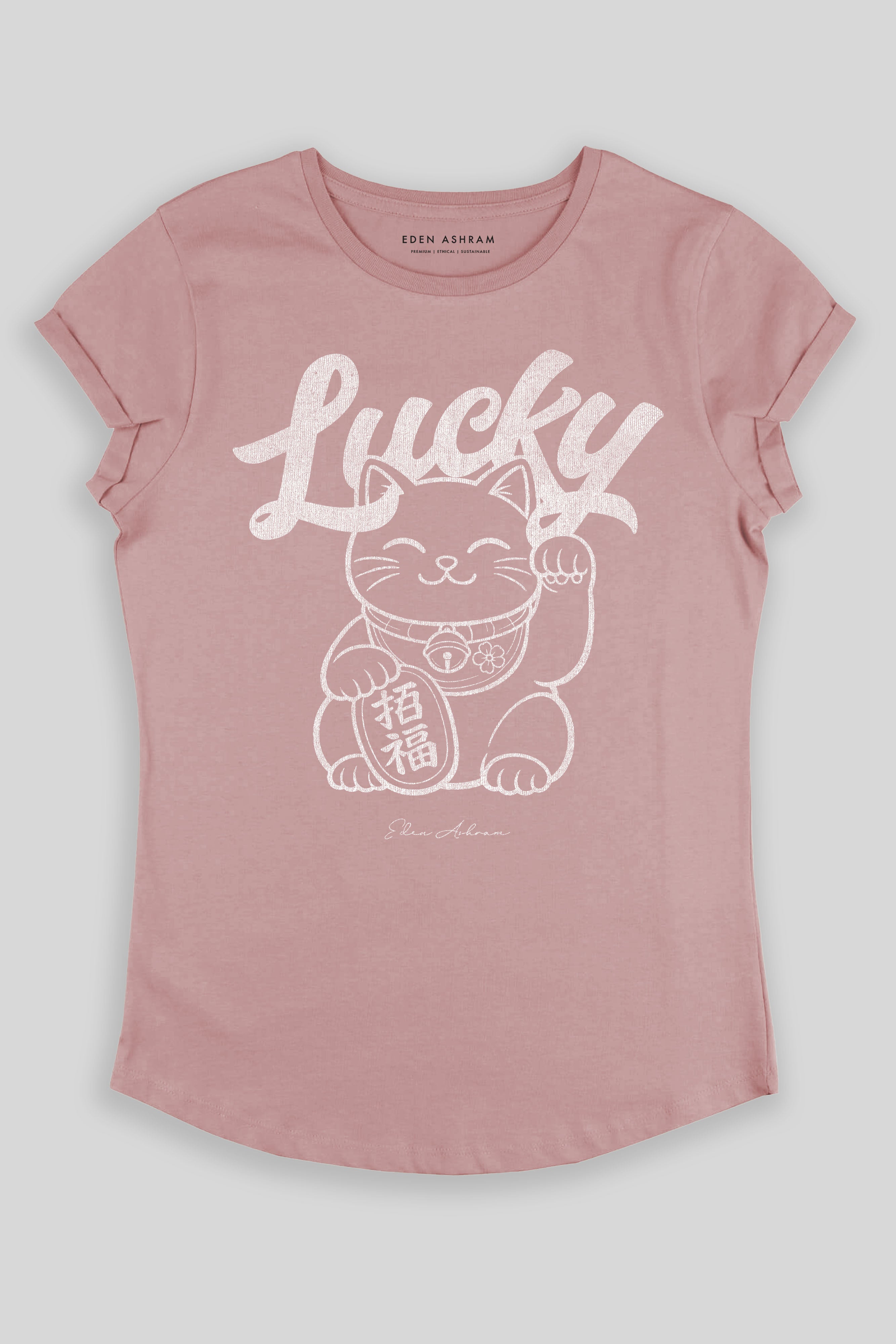 Eden Ashram Lucky Cat Premium Rolled Sleeve T-Shirt Miami Pink