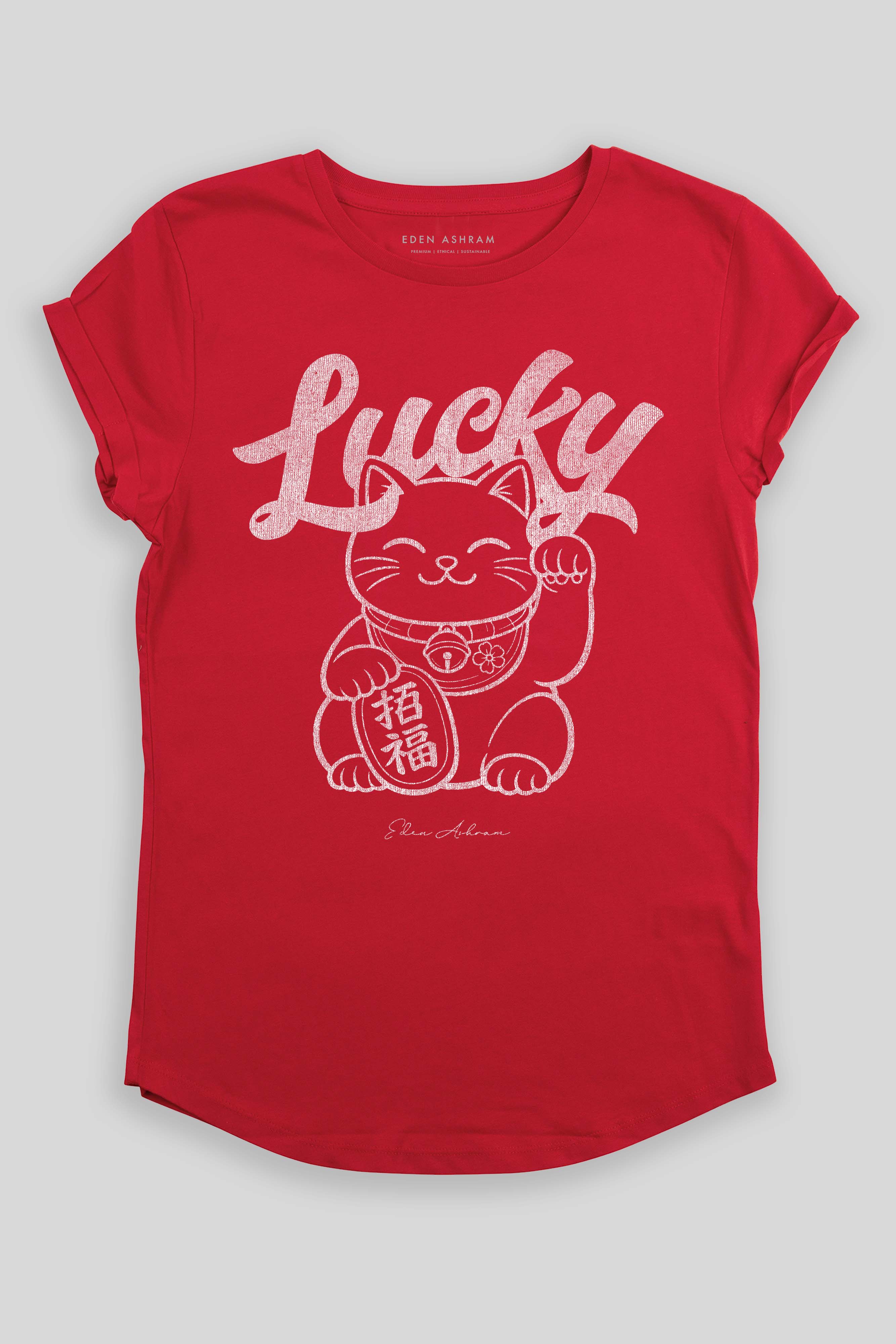 Eden Ashram Lucky Cat Premium Rolled Sleeve T-Shirt Red