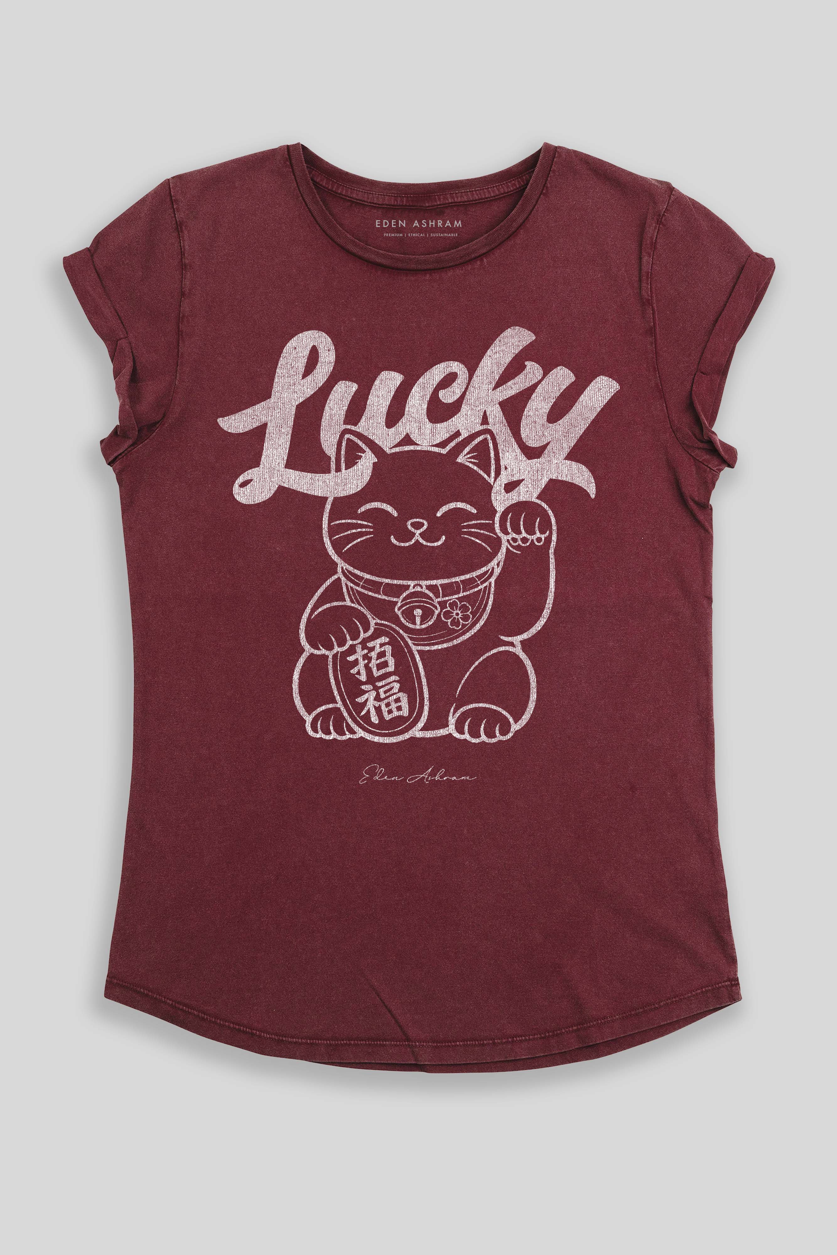 Eden Ashram Lucky Cat Premium Rolled Sleeve T-Shirt Stonewash Burgundy