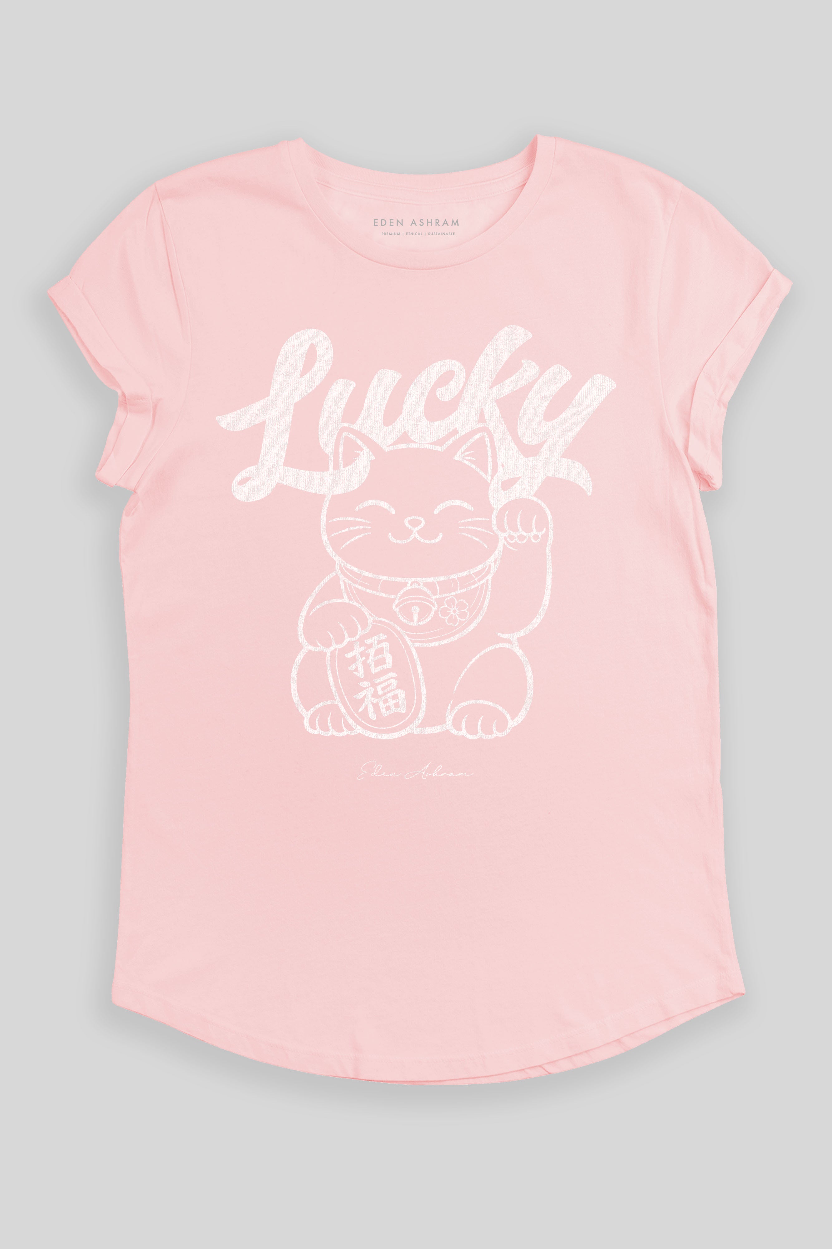 Eden Ashram Lucky Cat Premium Rolled Sleeve T-Shirt Stonewash Pink