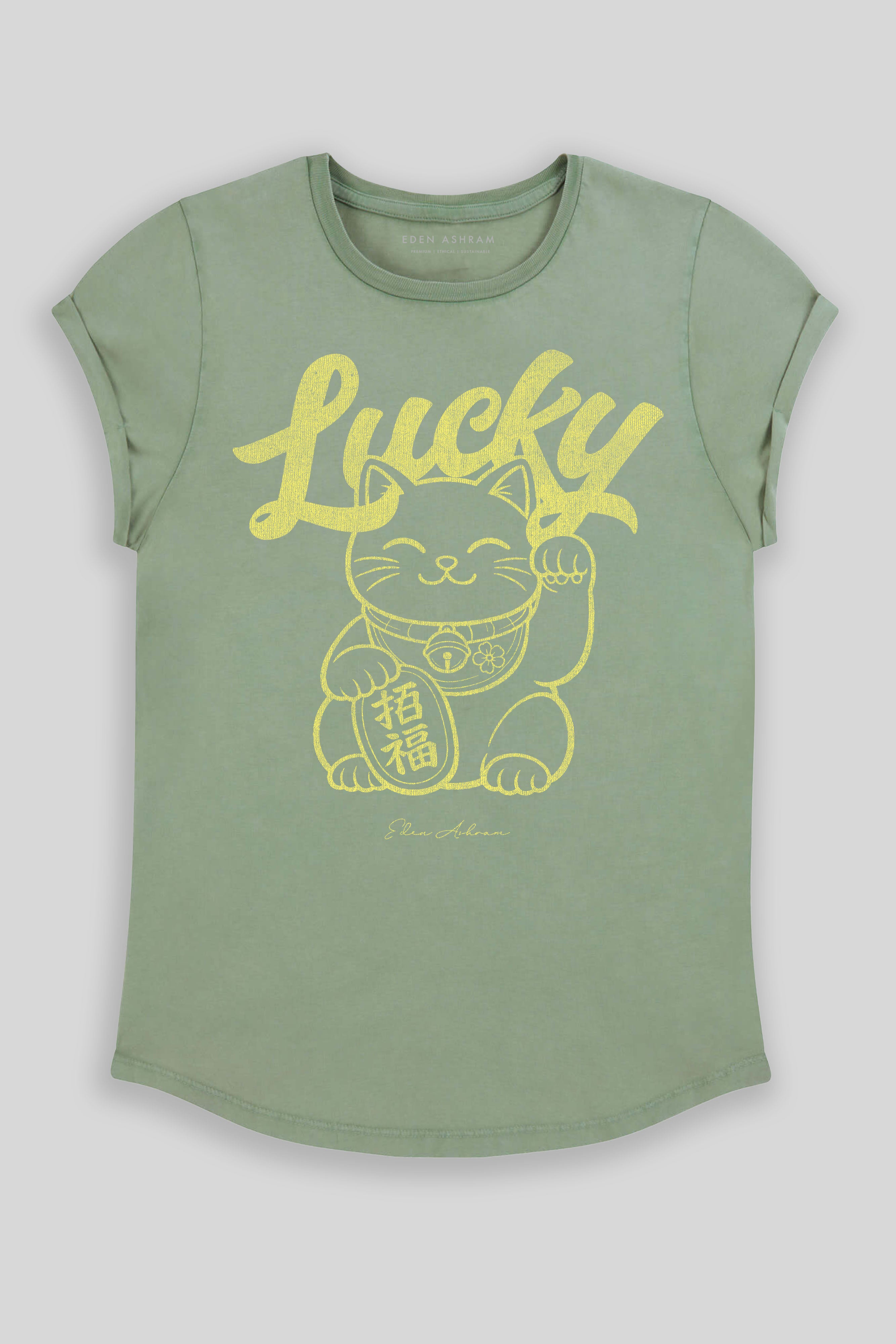 Eden Ashram Lucky Cat Premium Rolled Sleeve T-Shirt Stonewash Sage