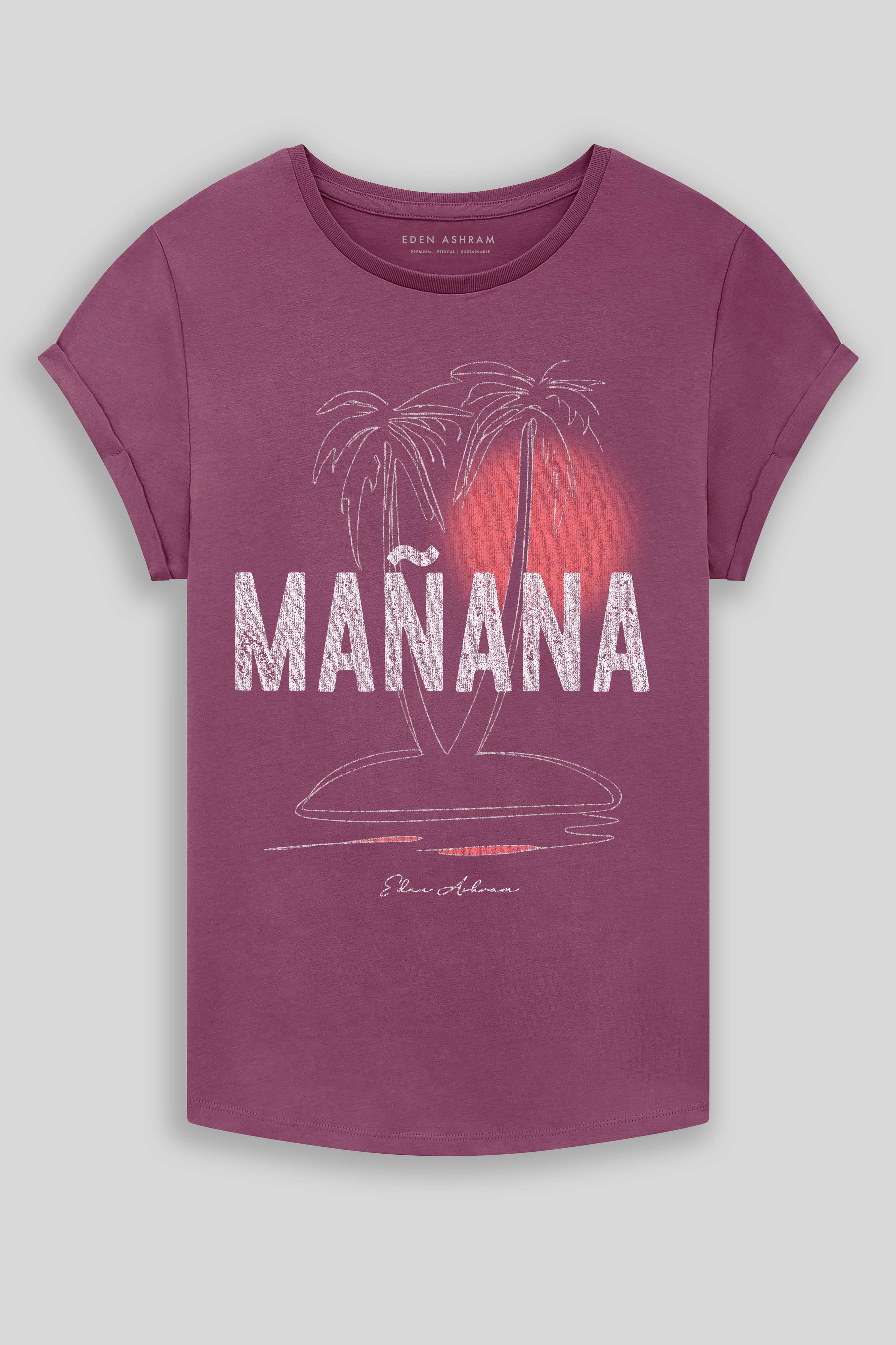 Eden Ashram Mañana Premium Rolled Sleeve T-Shirt Faded Burgundy