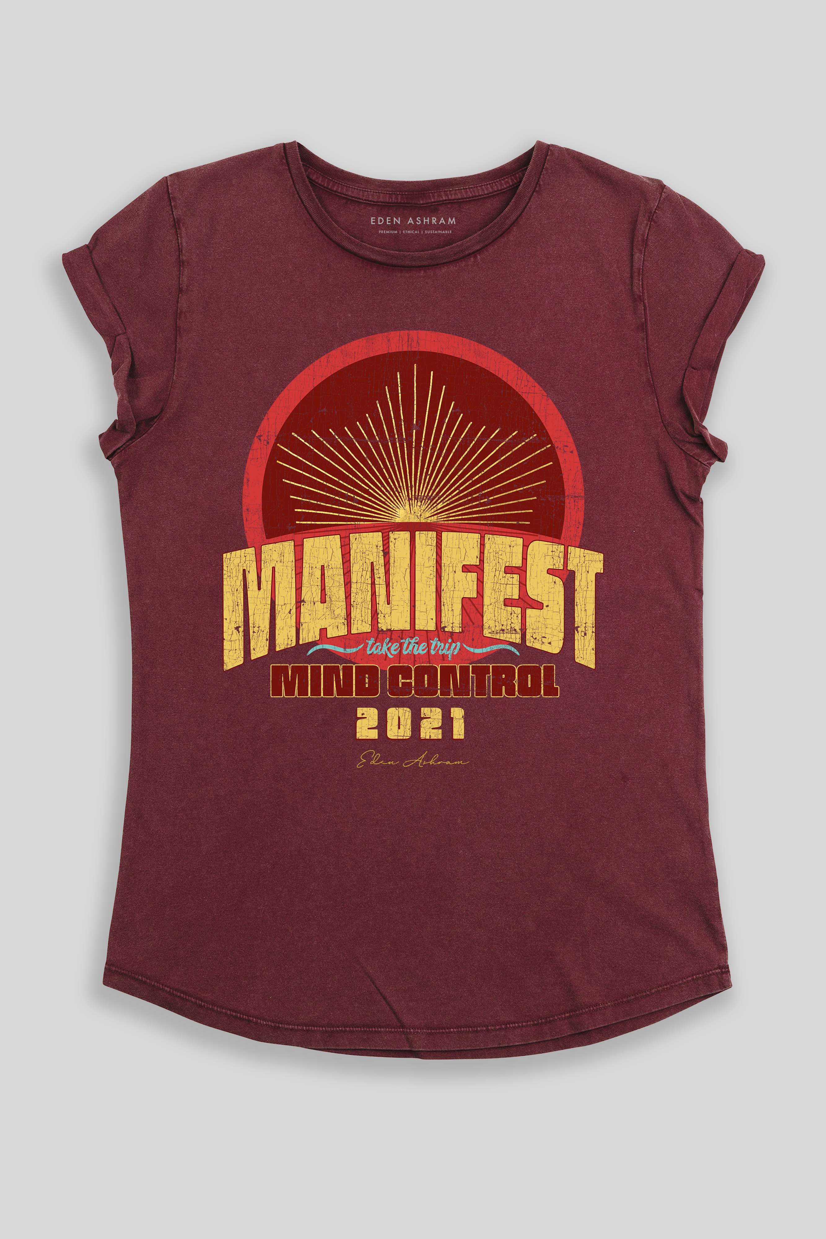 Eden Ashram Manifest Rolled Sleeve Tour T-Shirt Stonewash Burgundy