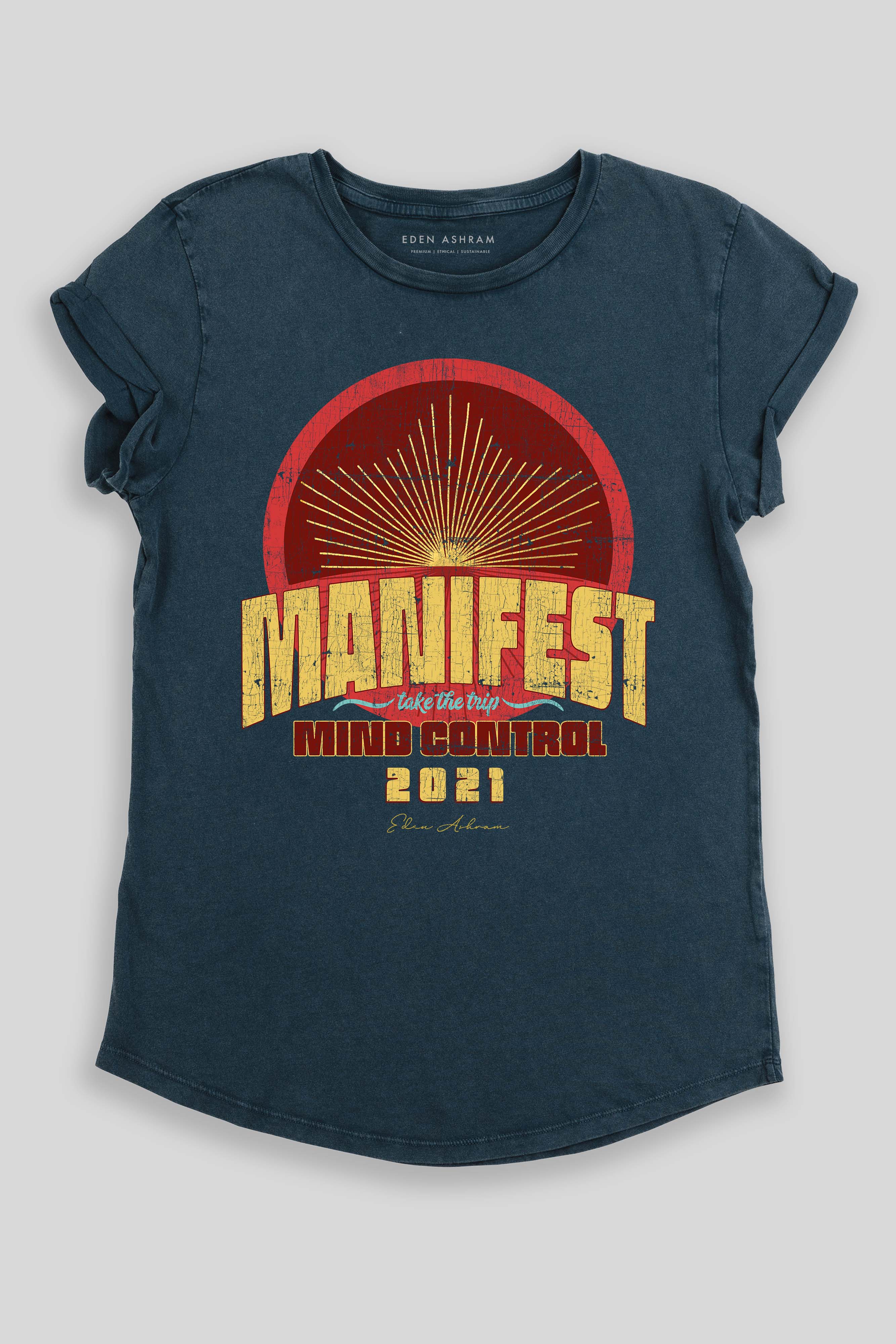 Eden Ashram Manifest Rolled Sleeve Tour T-Shirt Stonewash Denim