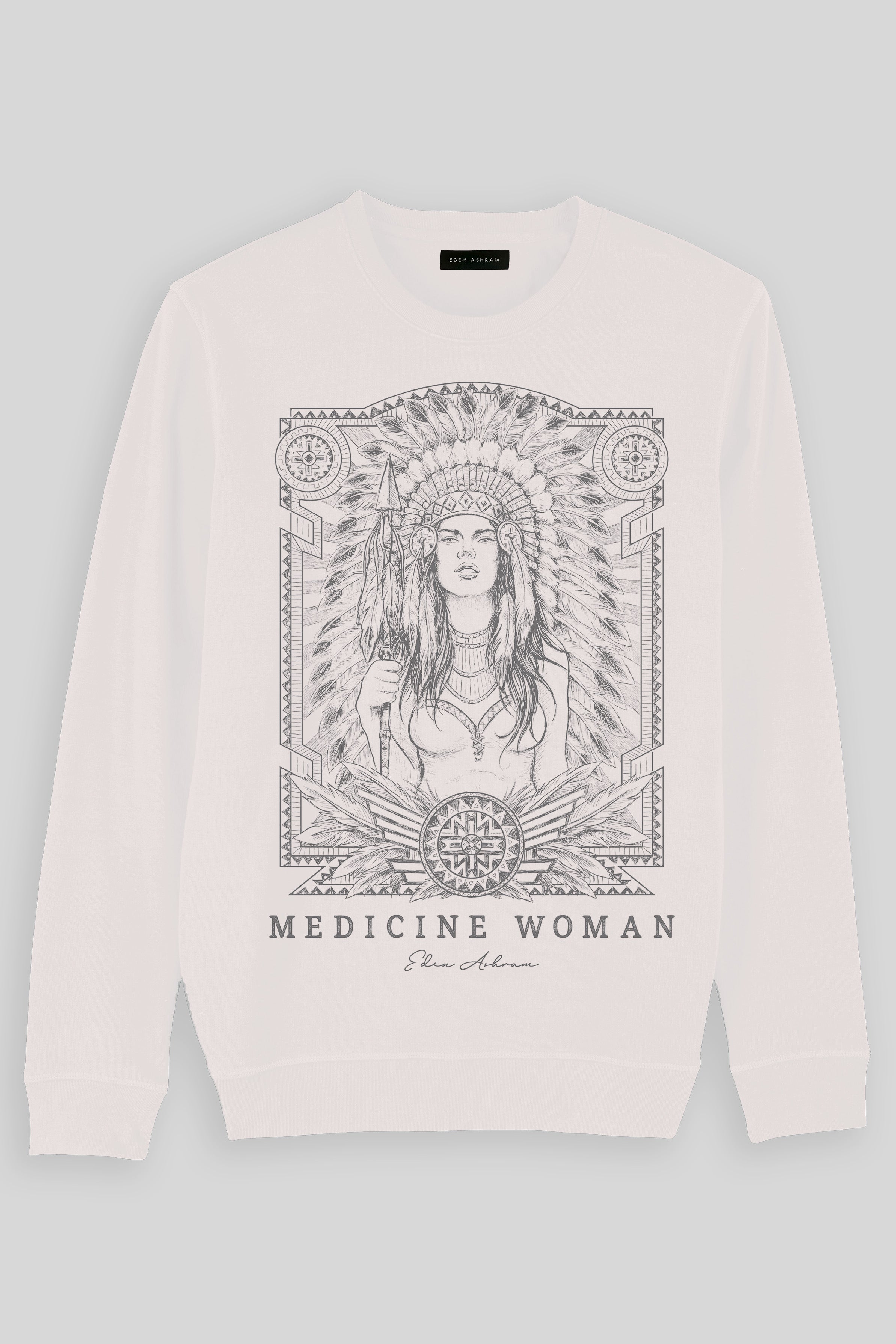 EDEN ASHRAM Medicine Woman Premium Crew Neck Sweatshirt Vintage White