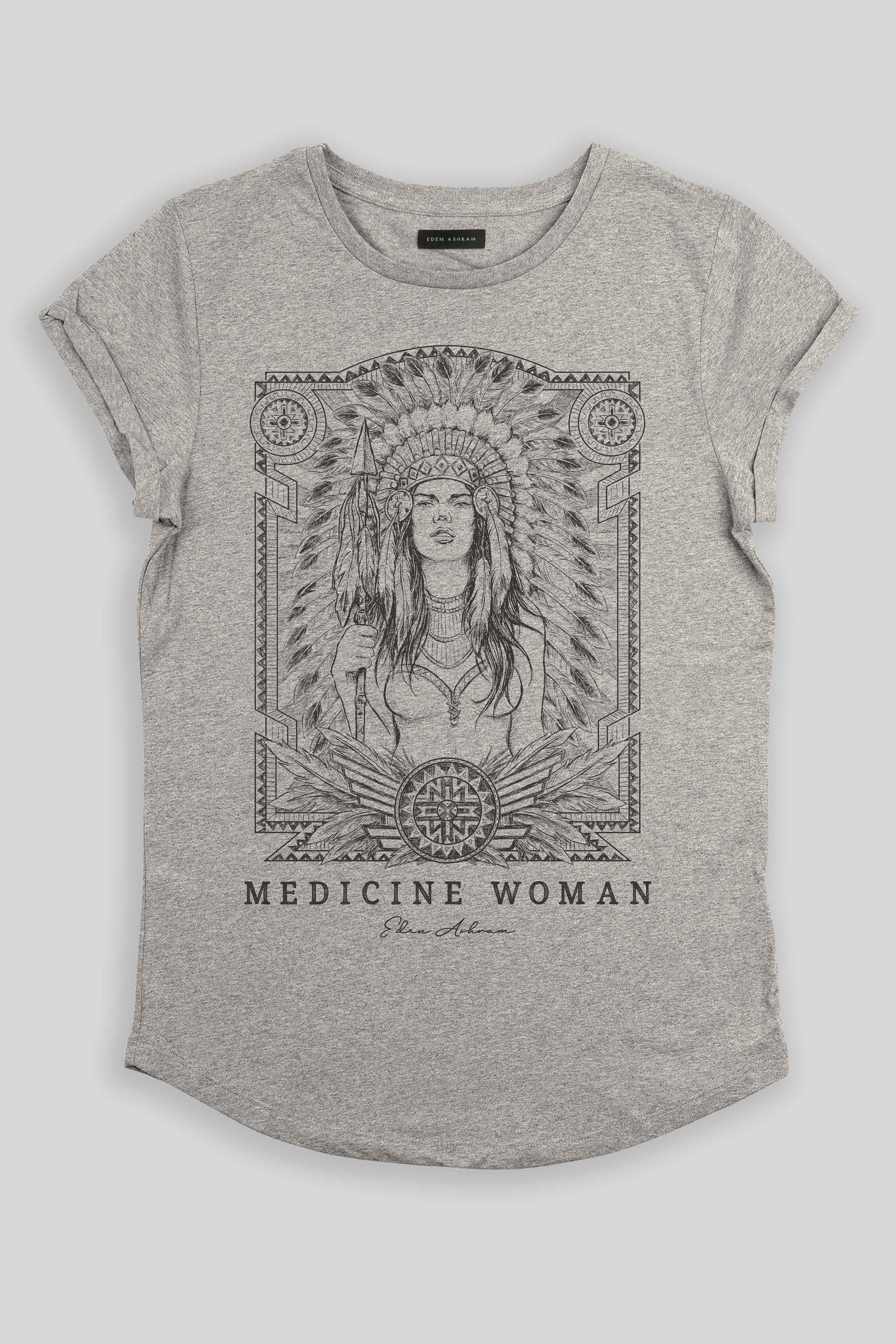 Eden Ashram Medicine Woman Premium Rolled Sleeve T-Shirt Heather Grey