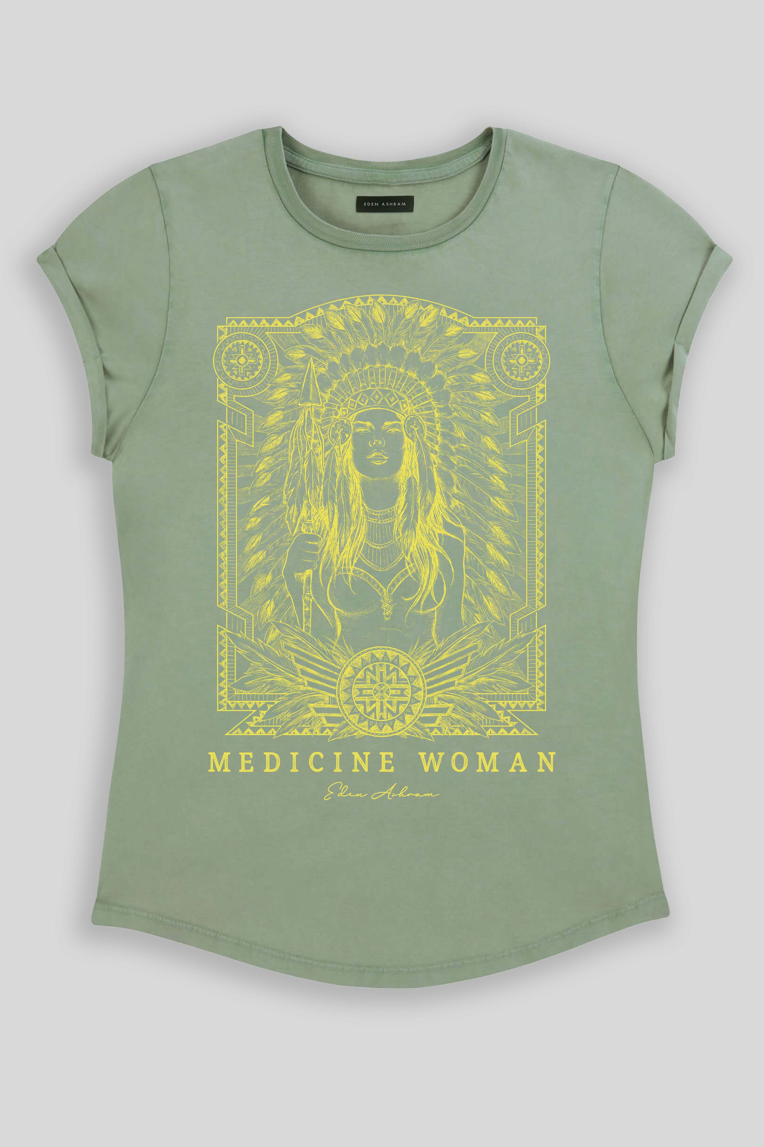 Eden Ashram Medicine Woman Premium Rolled Sleeve T-Shirt Stonewash Sage