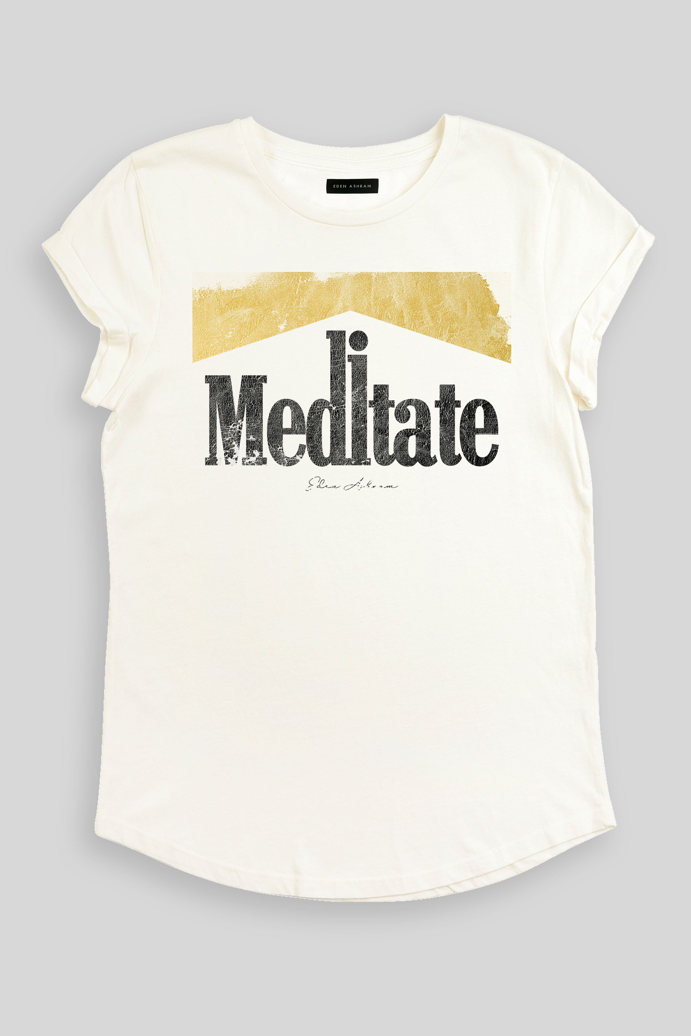 EDEN ASHRAM Meditate 2.0 Premium Rolled Sleeve T-Shirt Gold Simple