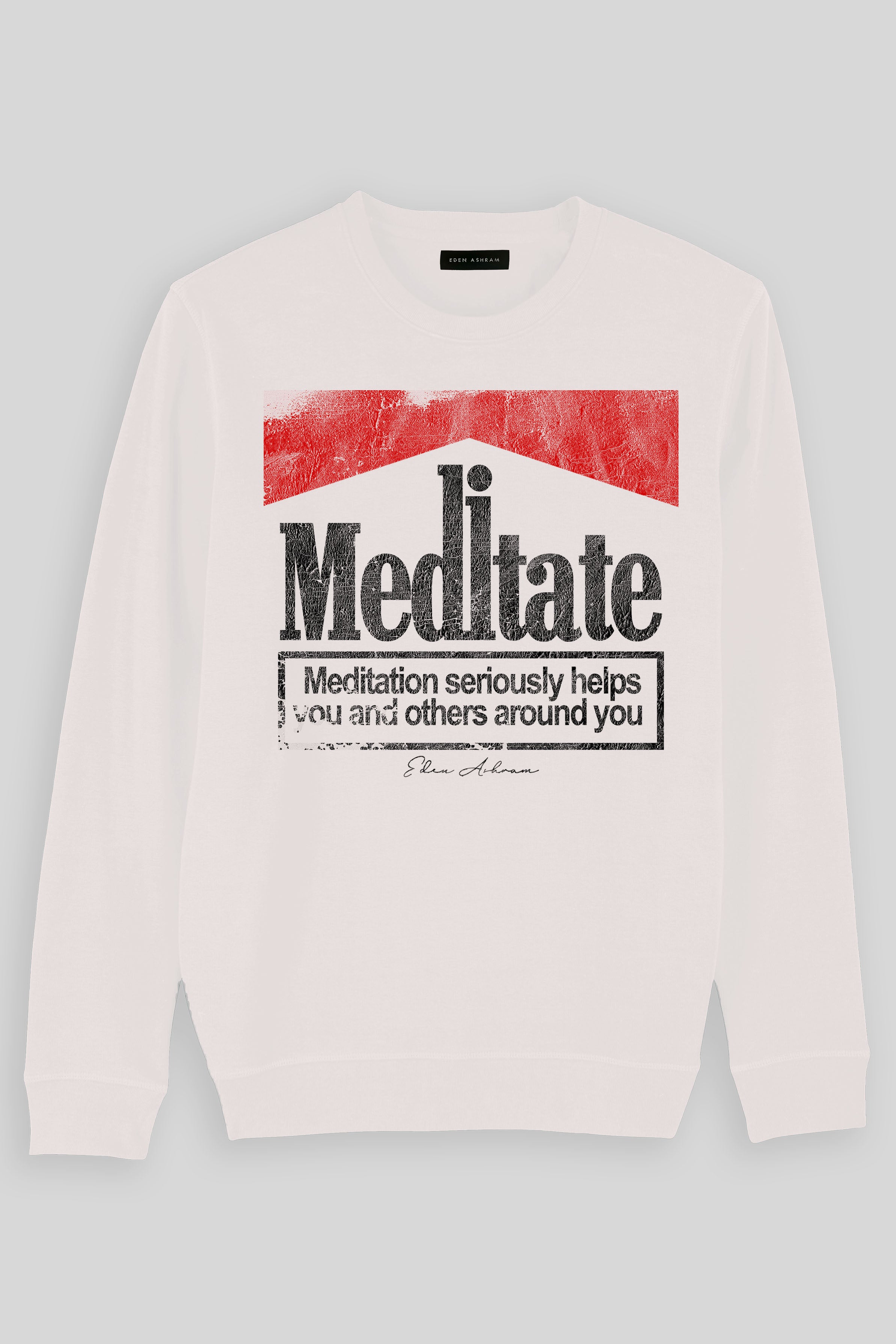 Eden Ashram Meditate 2.0 Premium Crew Neck Sweatshirt Vintage White | Warning