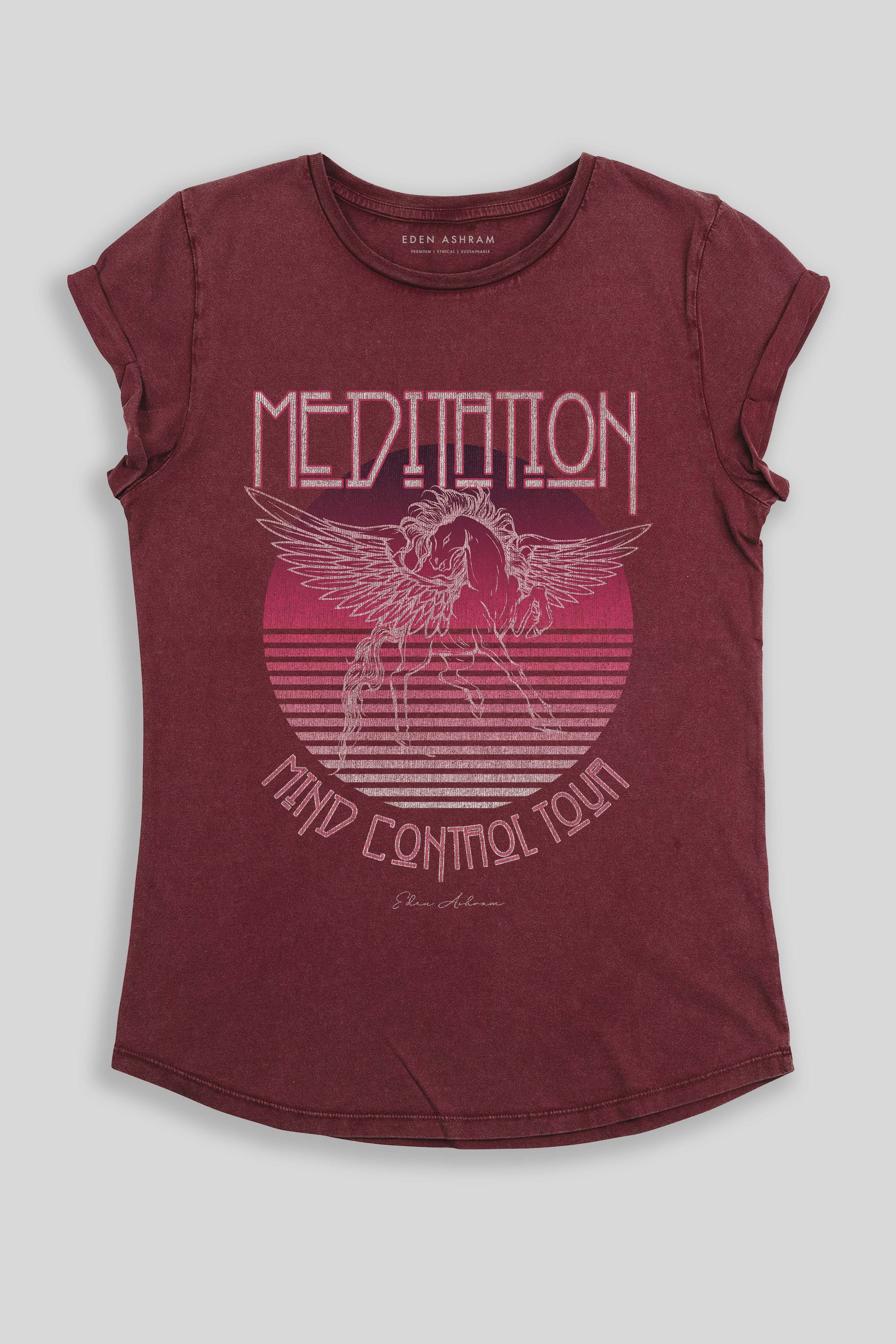 Eden Ashram Meditation Rock Premium Rolled Sleeve T-Shirt Stonewash Burgundy