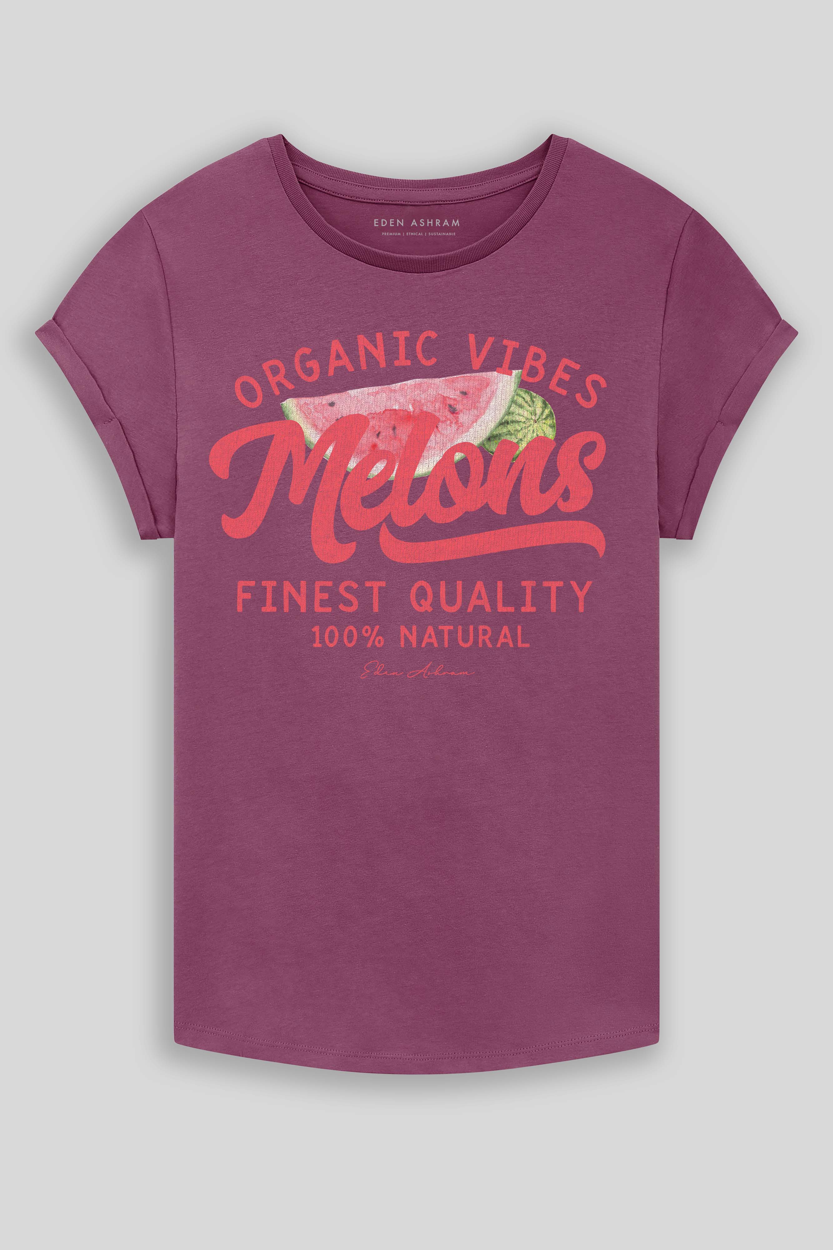 Eden Ashram Melons Premium Rolled Sleeve T-Shirt Faded Burgundy