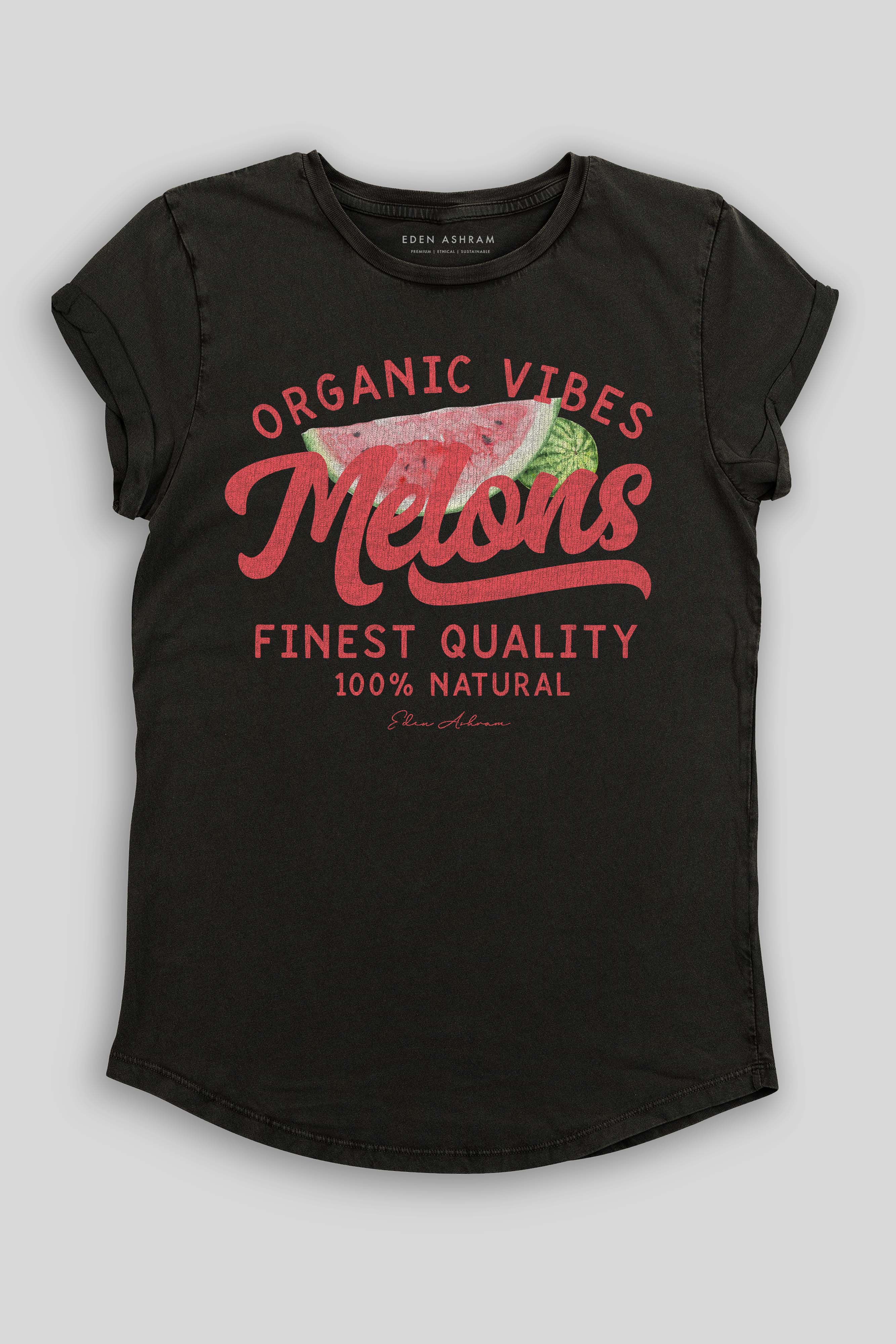 Eden Ashram Melons Premium Rolled Sleeve T-Shirt Stonewash Black