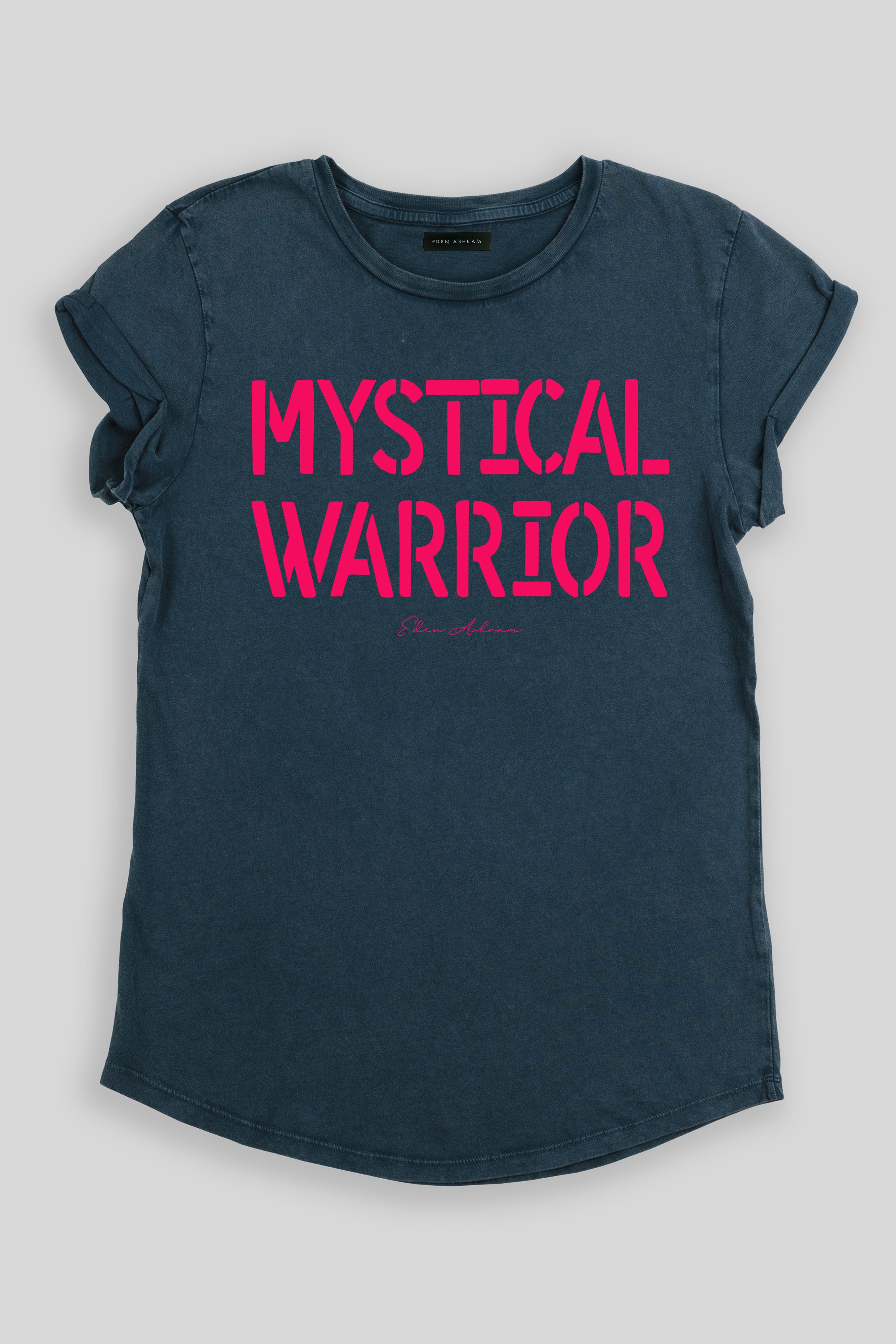 EDEN ASHRAM Mystical Warrior Rolled Sleeve T-Shirt Stonewash Denim