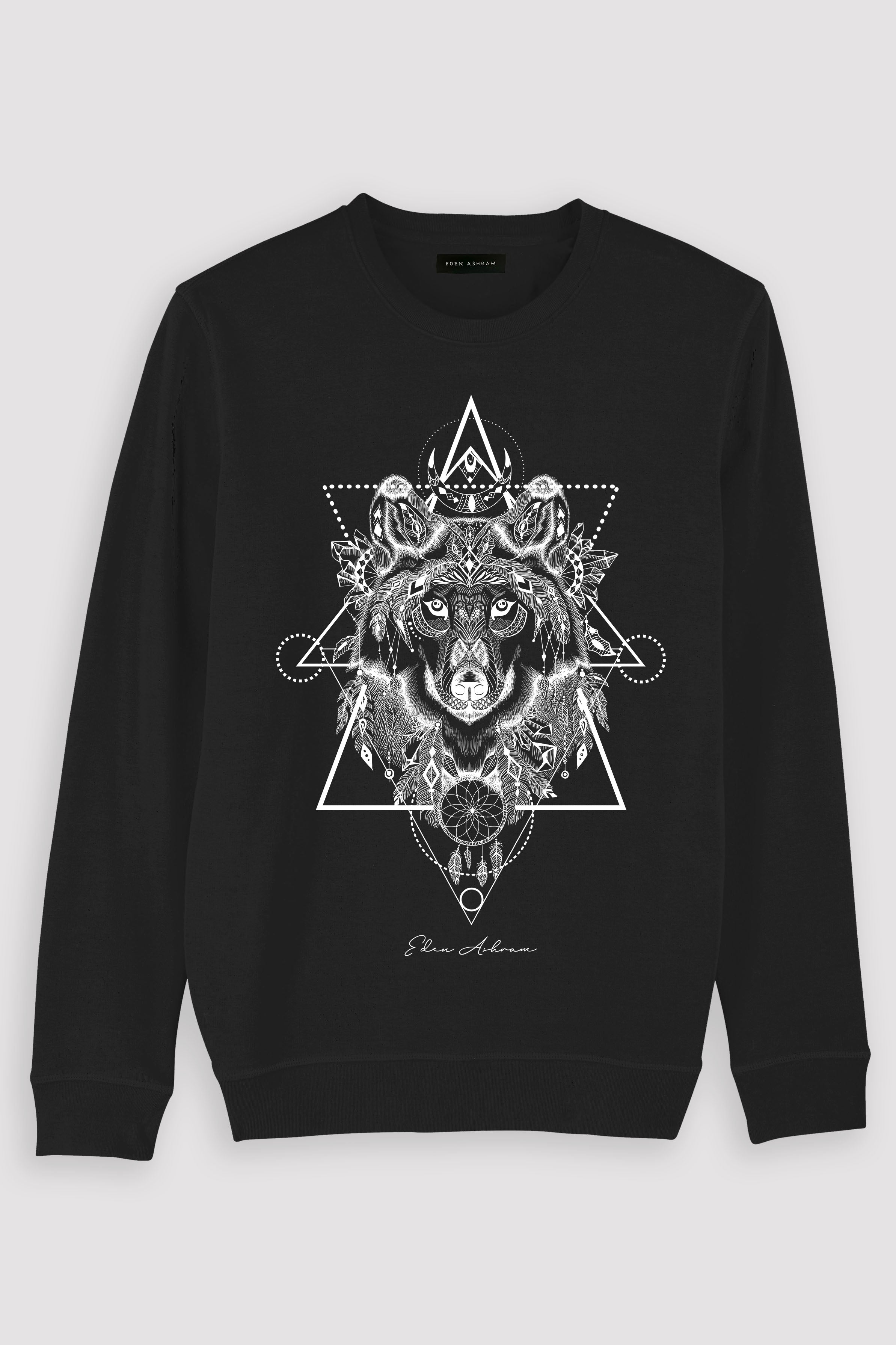 Eden Ashram Mystic Wolf Premium Crew Neck Sweatshirt Black
