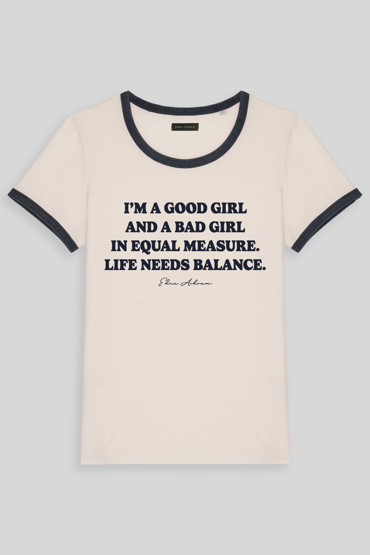 Eden Ashram Good Girl - Bad Girl Premium Organic Ringer T-Shirt Navy