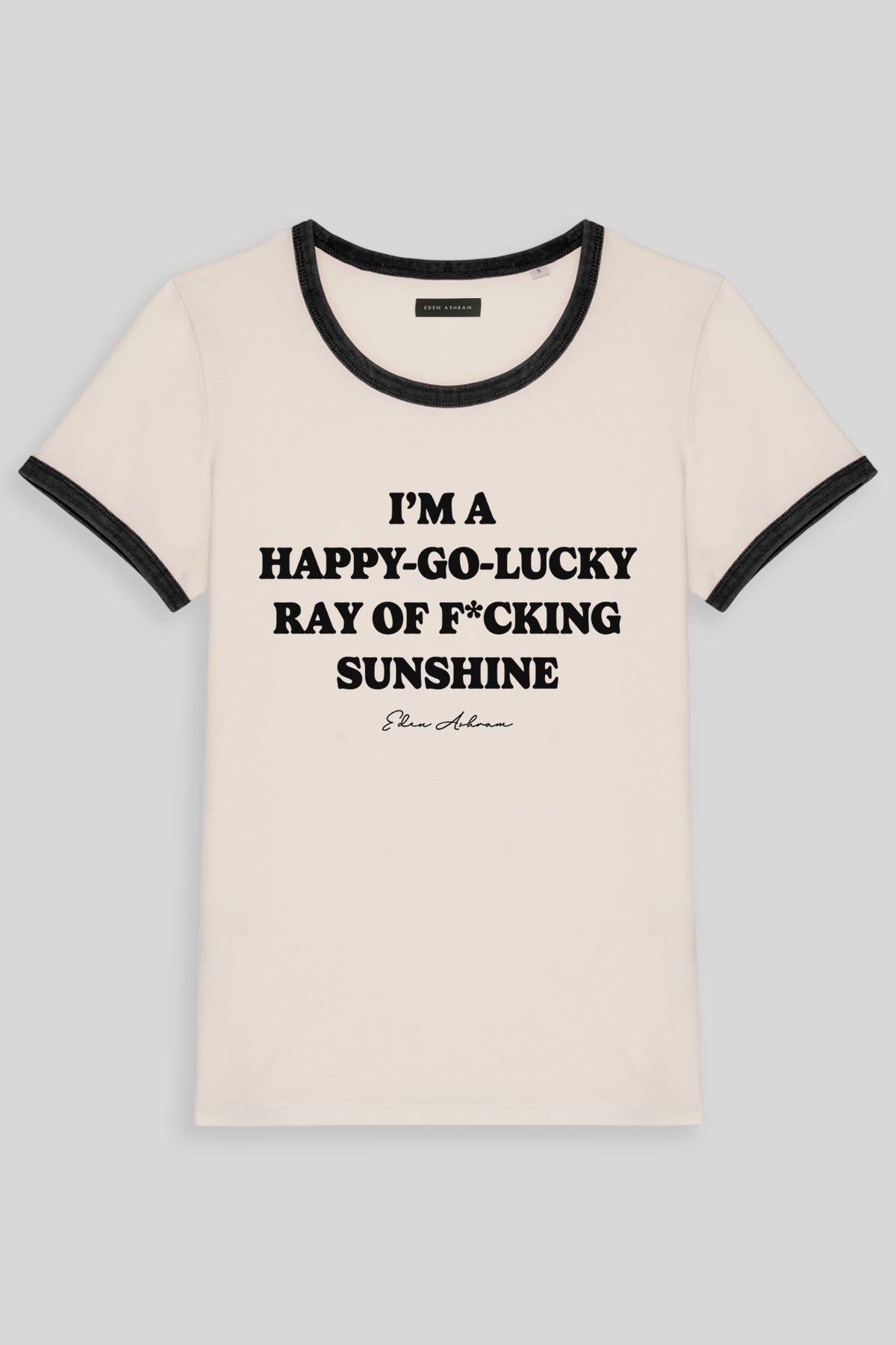 Eden Ashram Happy Go Lucky Premium Organic Ringer T-Shirt Black