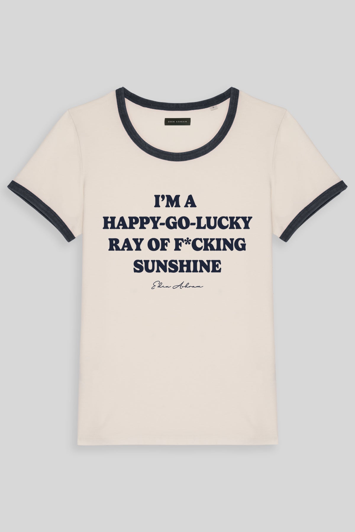 Eden Ashram Happy Go Lucky Premium Organic Ringer T-Shirt Navy