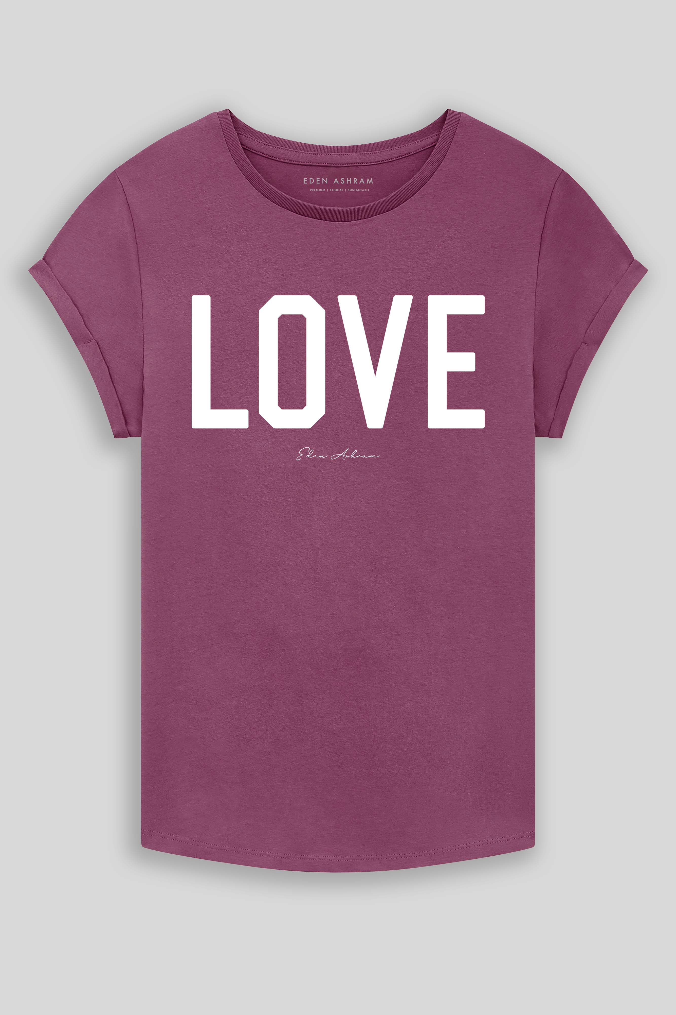 Eden Ashram LOVE Premium Rolled Sleeve T-Shirt Faded Burgundy