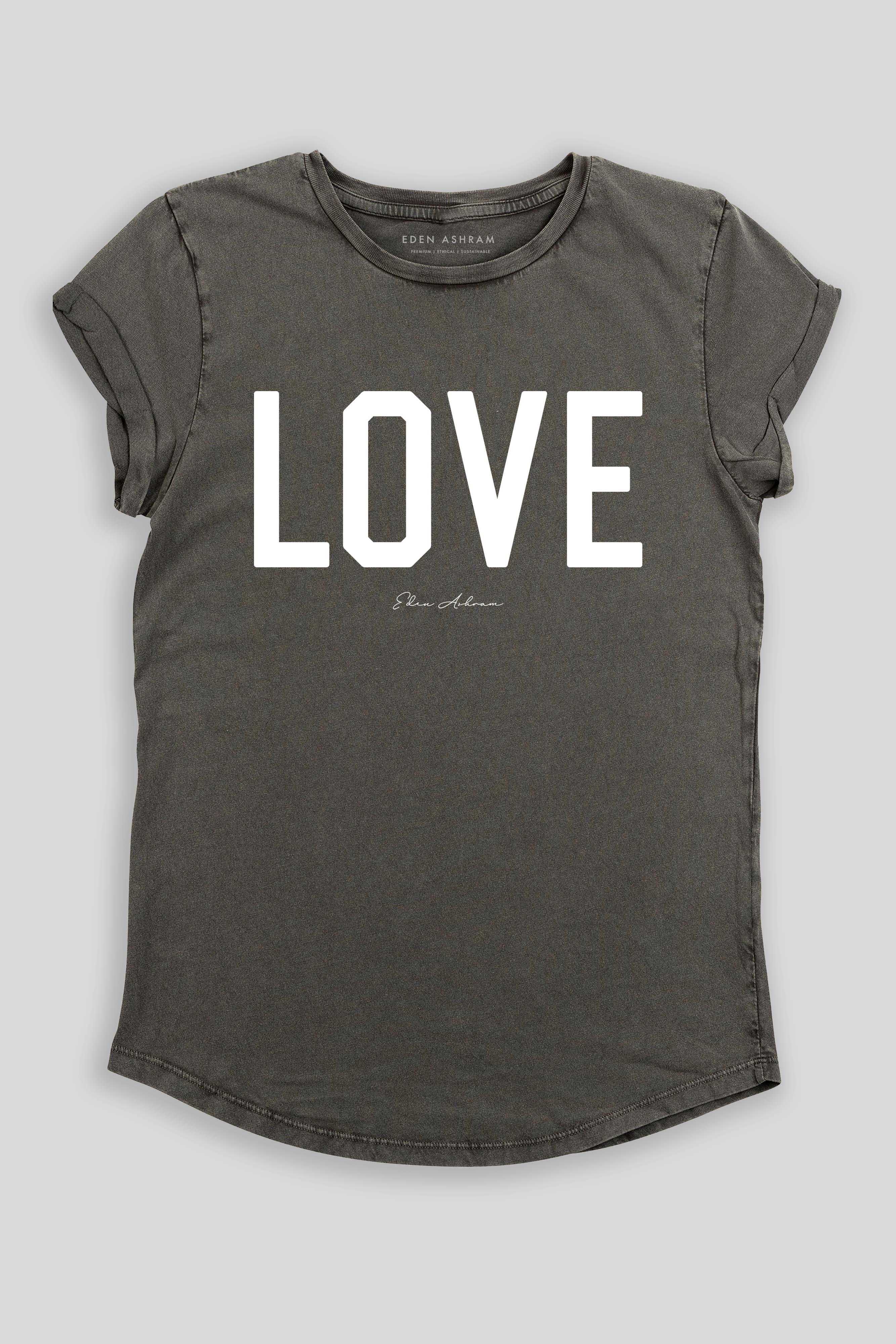 Eden Ashram LOVE Premium Rolled Sleeve T-Shirt Stonewash Grey