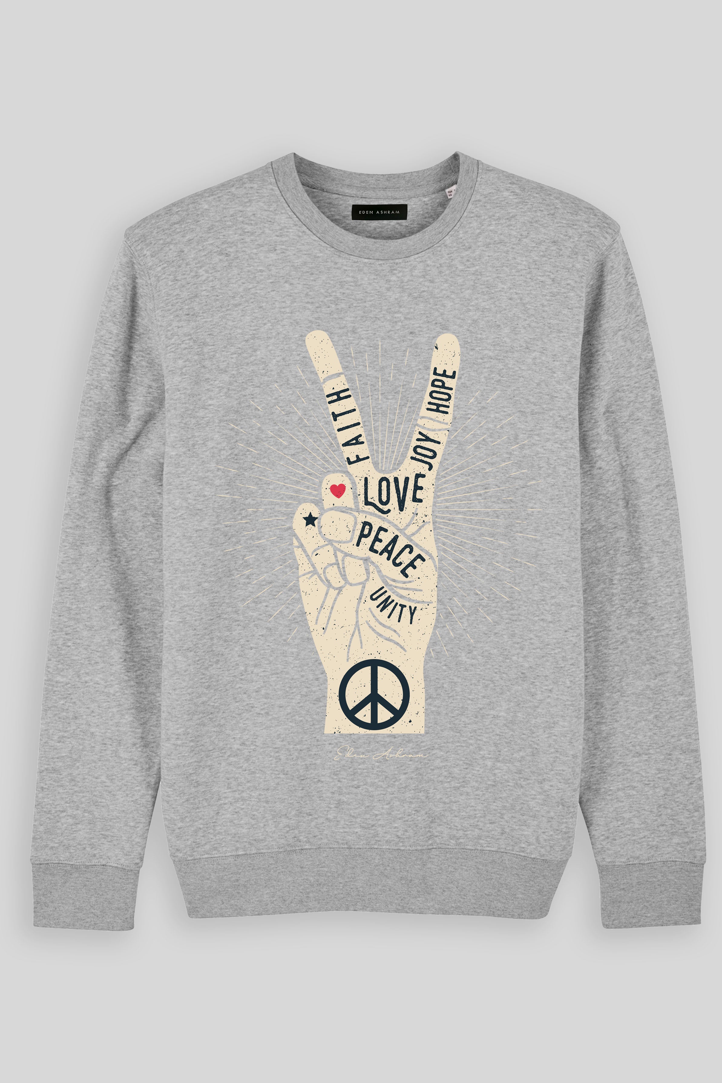 Eden Ashram Peace, Love, Unity, Faith, Joy & Hope Premium Crew Neck Sweatshirt Heather Grey
