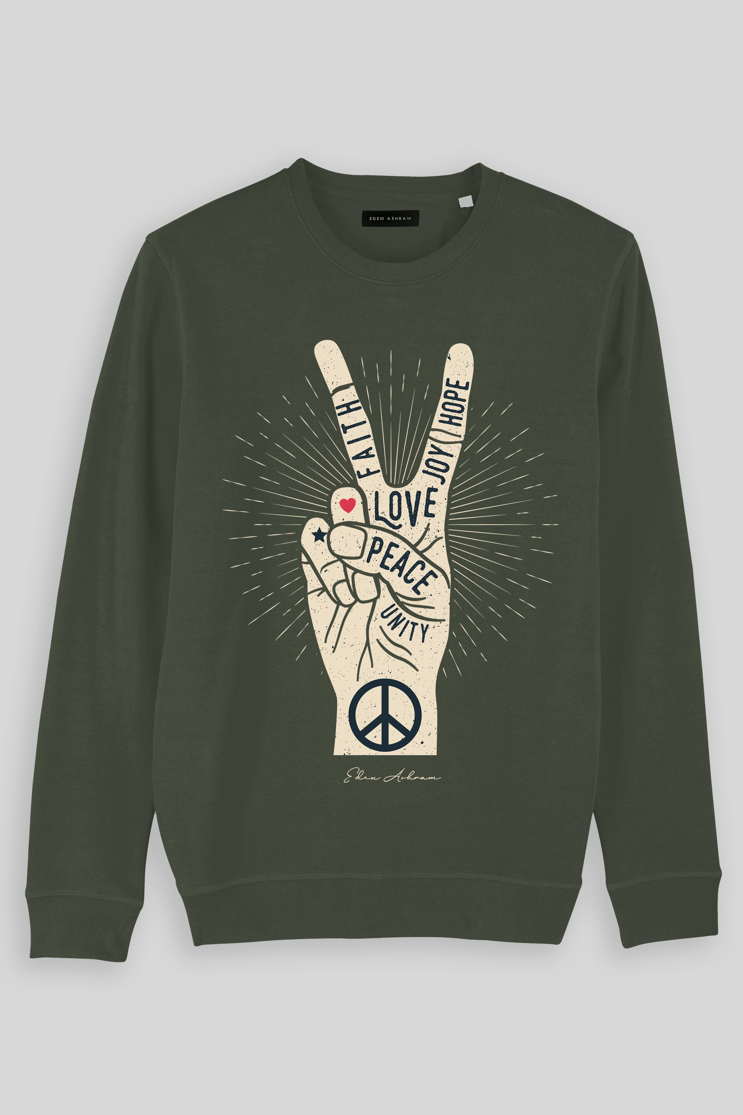 Eden Ashram Peace, Love, Unity, Faith, Joy & Hope Premium Crew Neck Sweatshirt Khaki