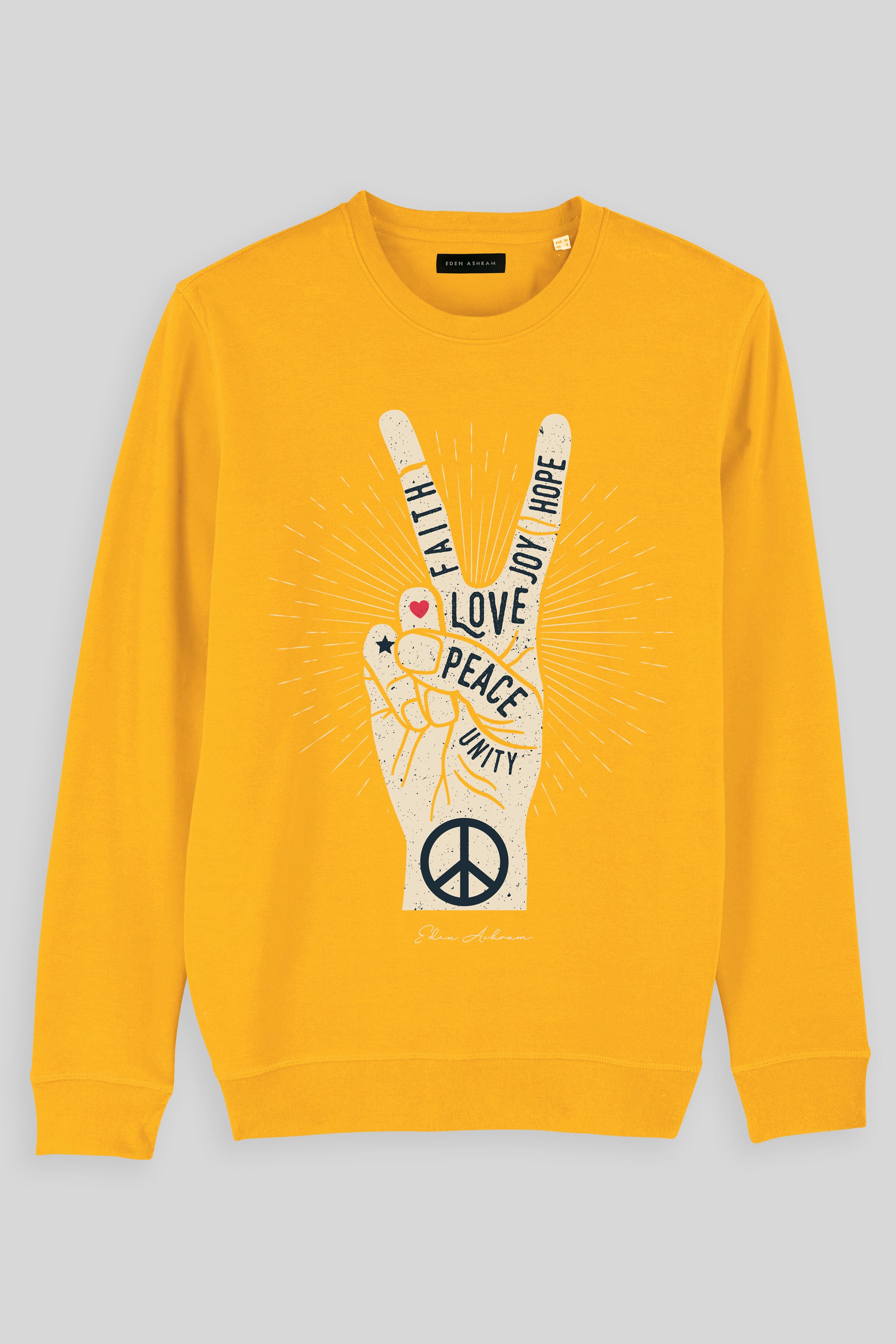 Eden Ashram Peace, Love, Unity, Faith, Joy & Hope Premium Crew Neck Sweatshirt Spectra Yellow