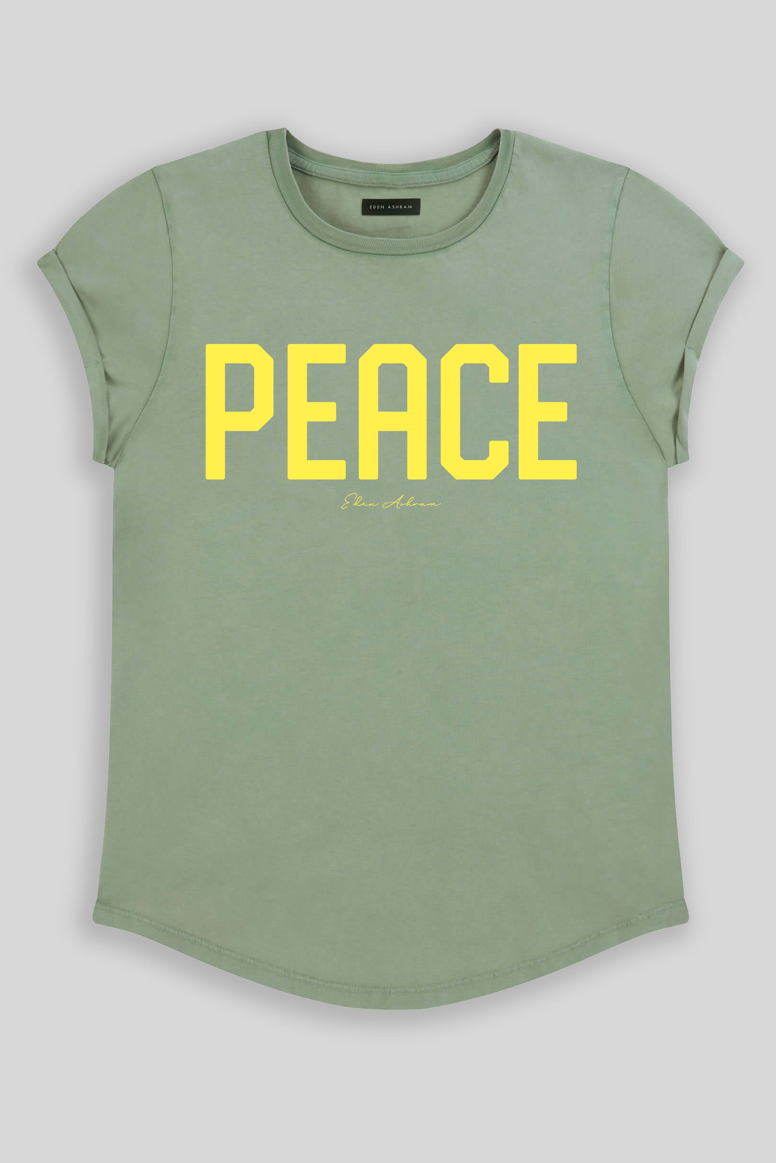 Eden Ashram PEACE Rolled Sleeve T-Shirt Stonewash Sage