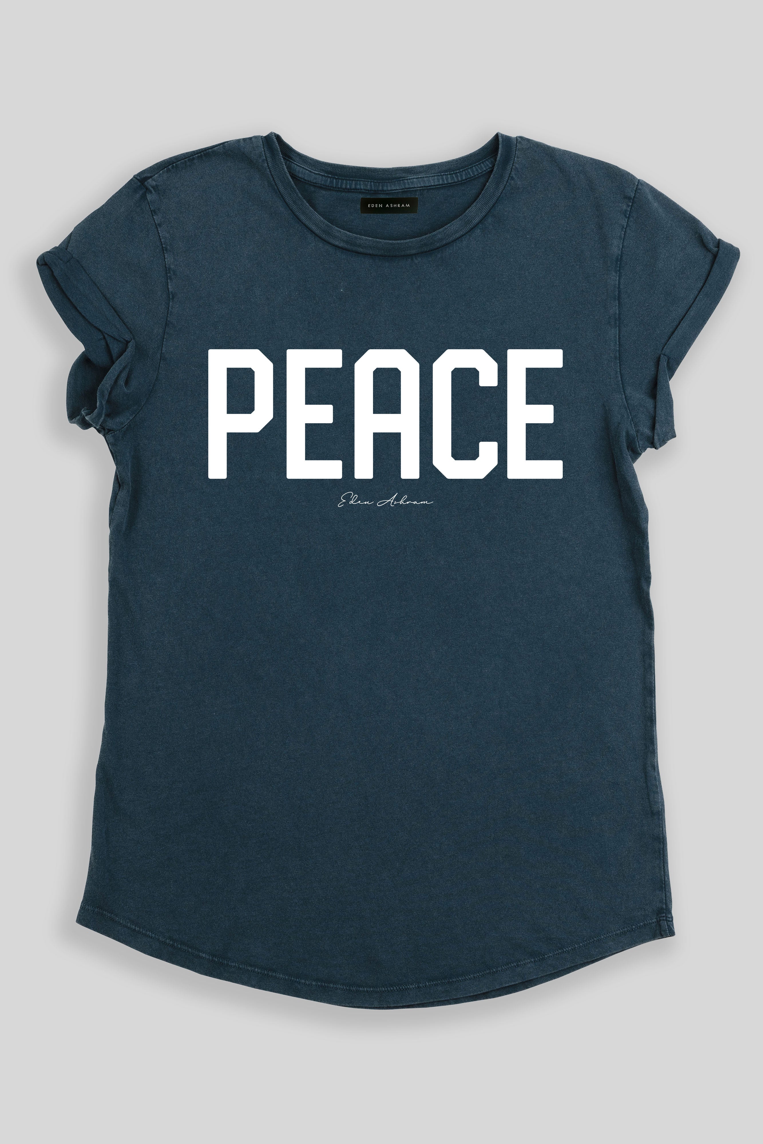 EDEN ASHRAM PEACE Rolled Sleeve T-Shirt Stonewash Denim
