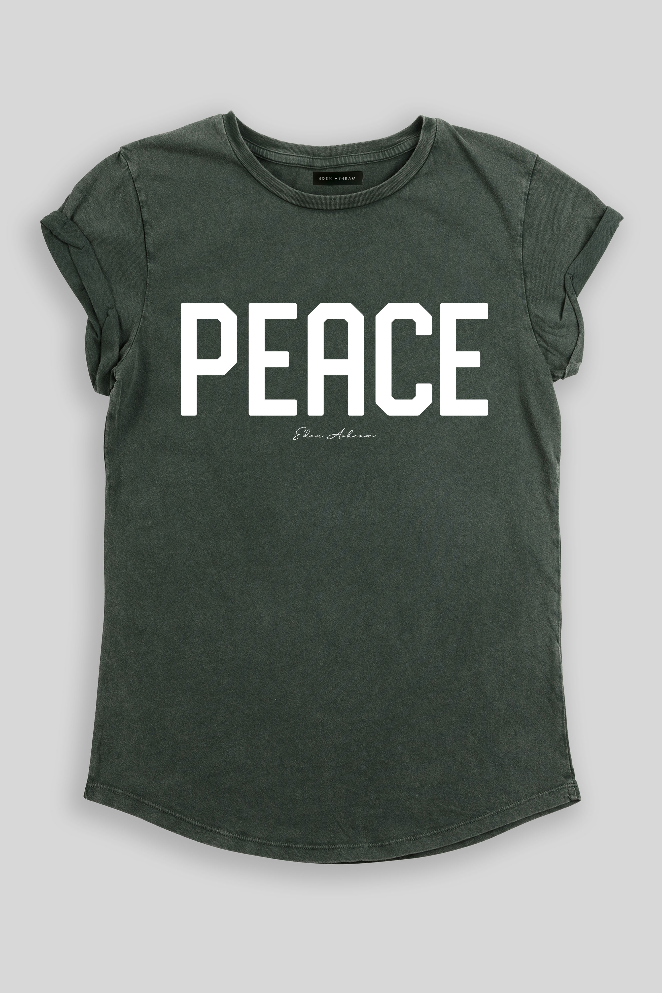 EDEN ASHRAM PEACE Rolled Sleeve T-Shirt Stonewash Green