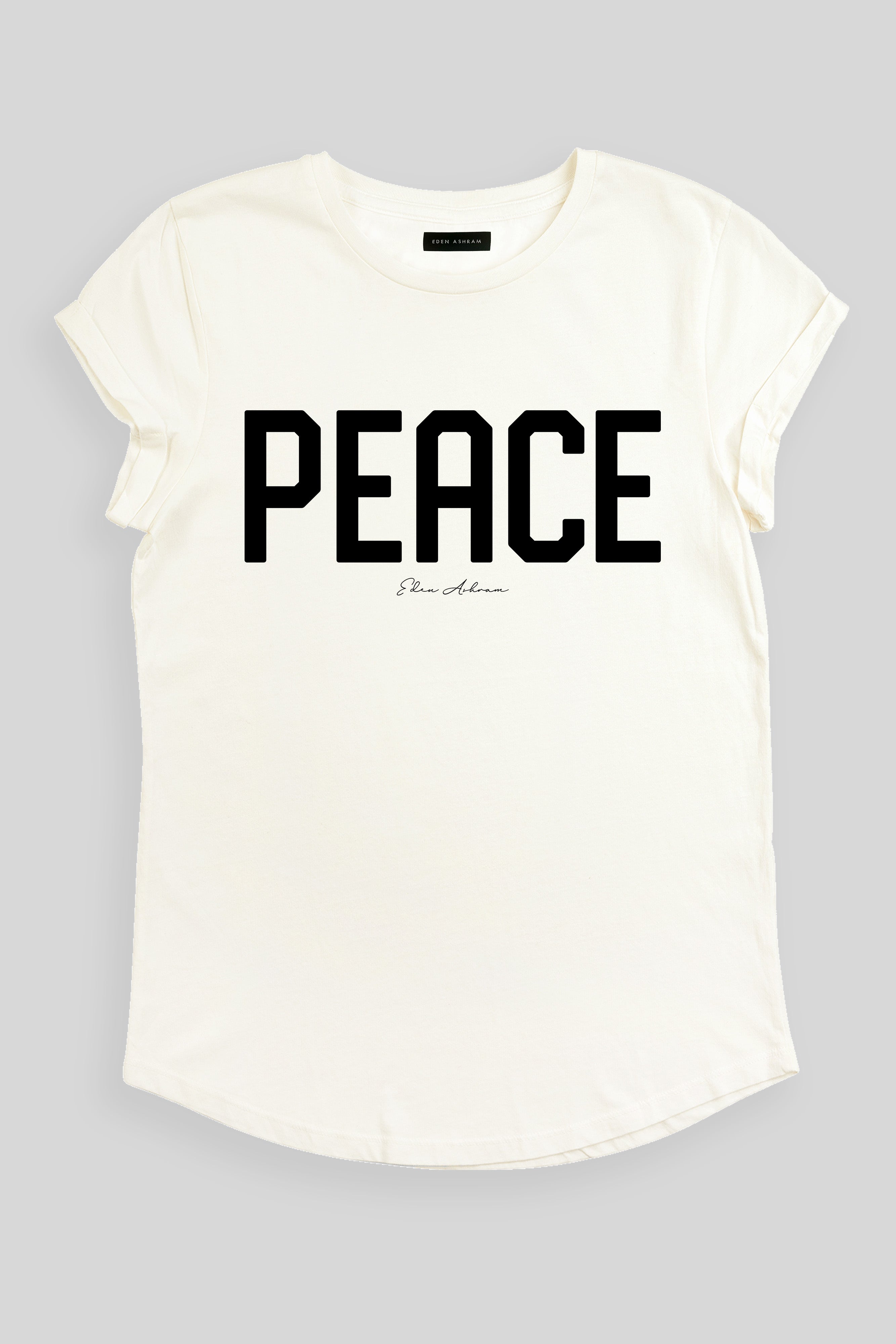 EDEN ASHRAM PEACE Rolled Sleeve T-Shirt Stonewash White