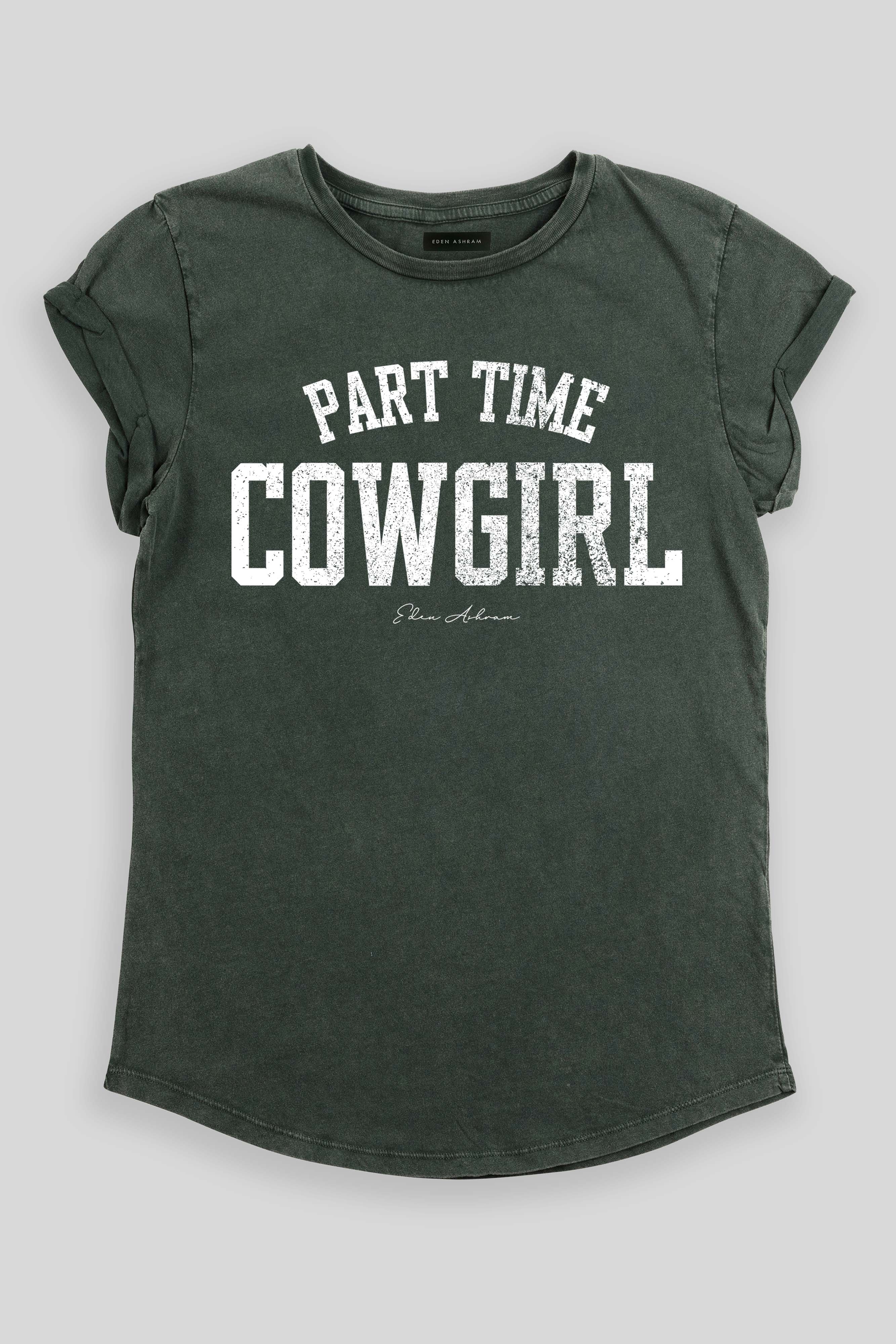 EDEN ASHRAM Part Time Cowgirl Premium Organic Rolled Sleeve T-Shirt Stonewash Green
