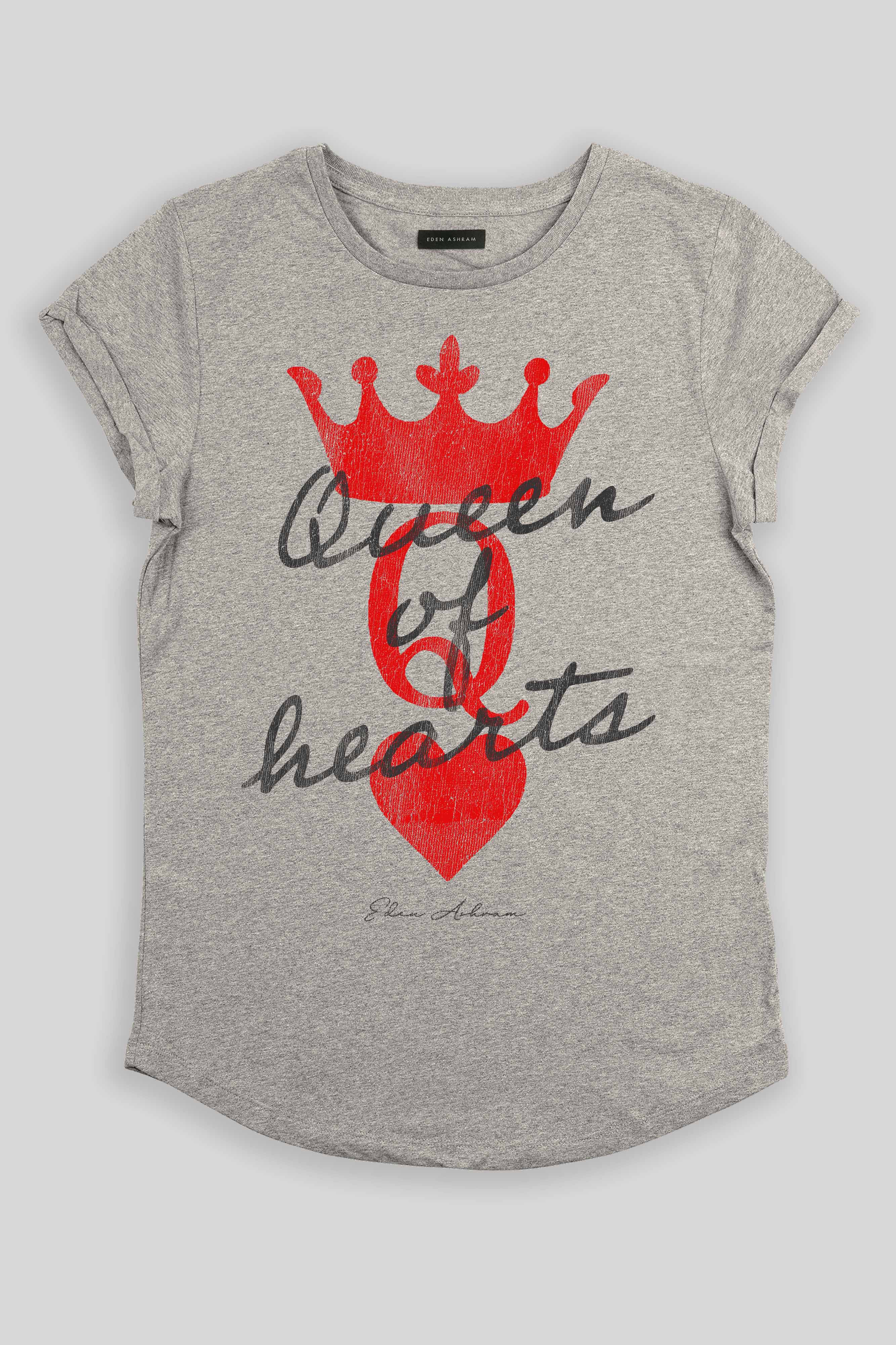 Eden Ashram Queen Of Hearts Premium Rolled Sleeve T-Shirt Heather Grey