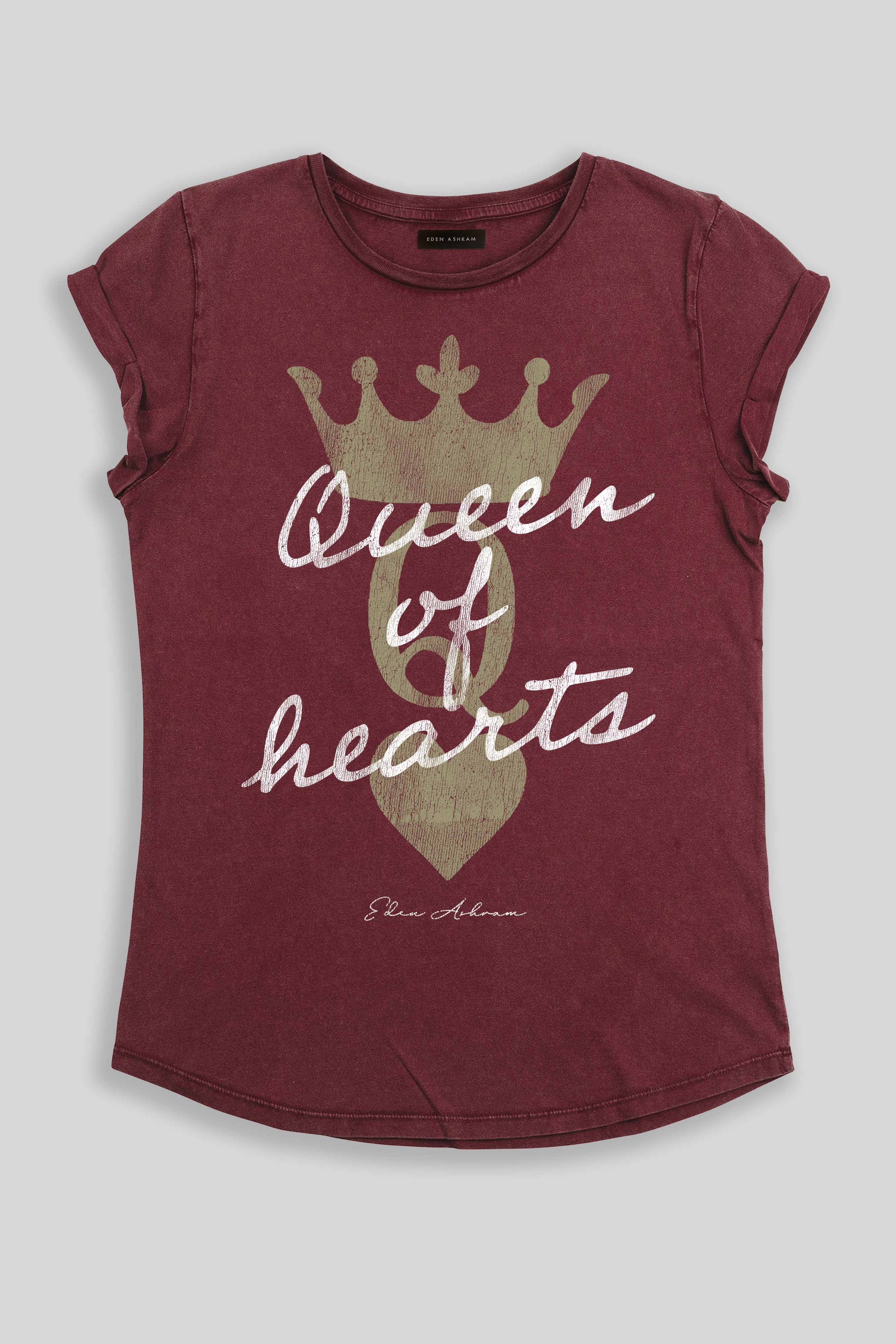 Eden Ashram Queen Of Hearts Premium Rolled Sleeve T-Shirt Stonewash Burgundy