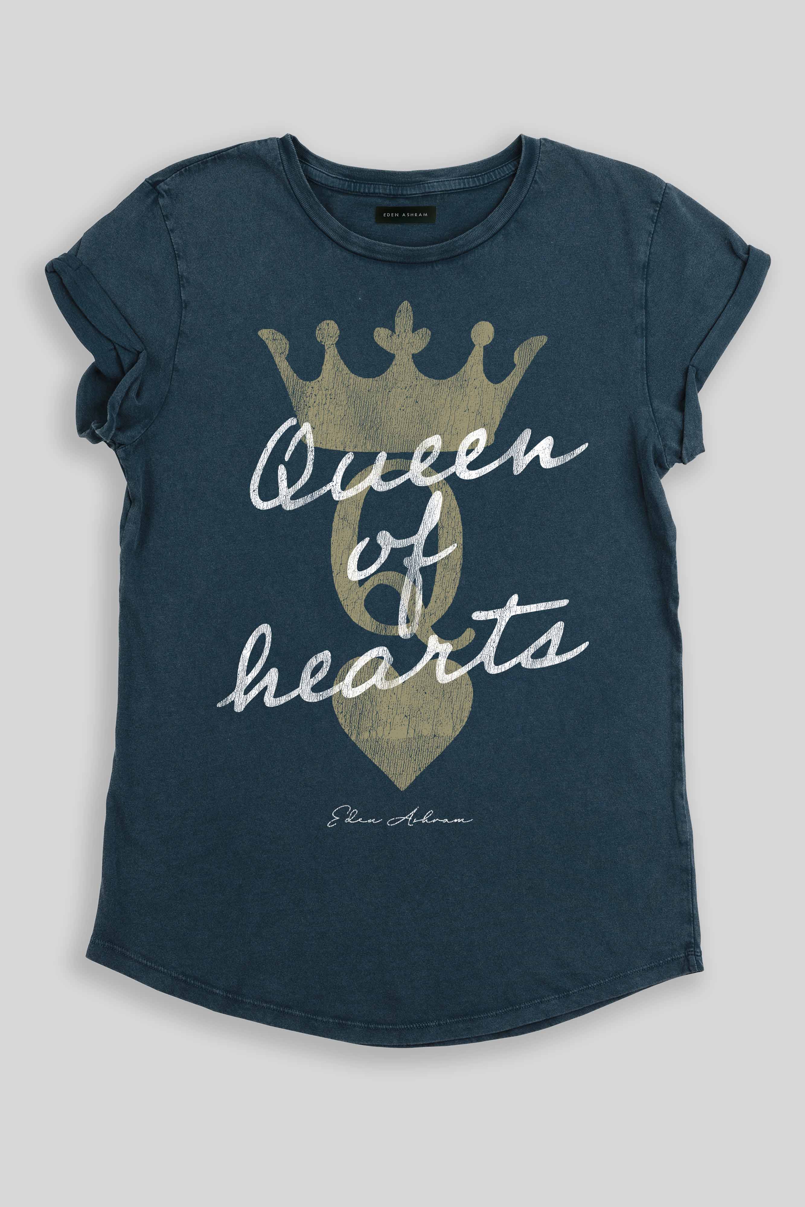 Eden Ashram Queen Of Hearts Premium Rolled Sleeve T-Shirt Stonewash Denim