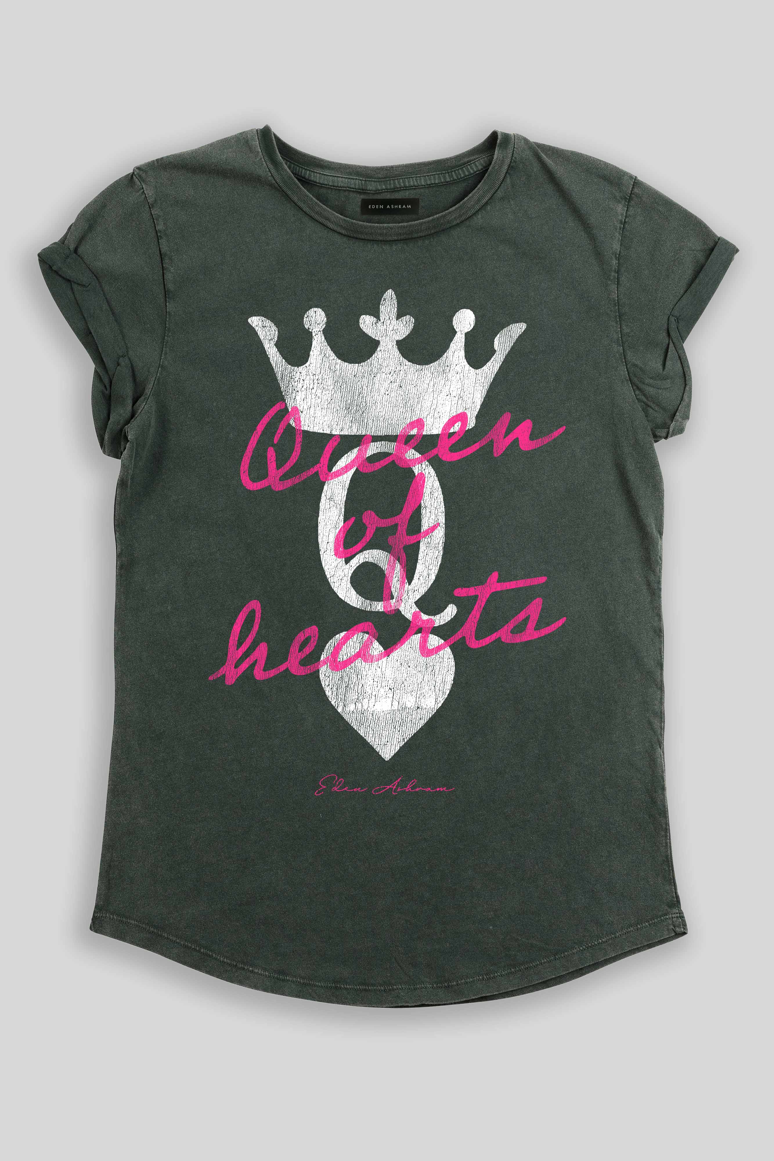 Eden Ashram Queen Of Hearts Premium Rolled Sleeve T-Shirt Stonewash Green
