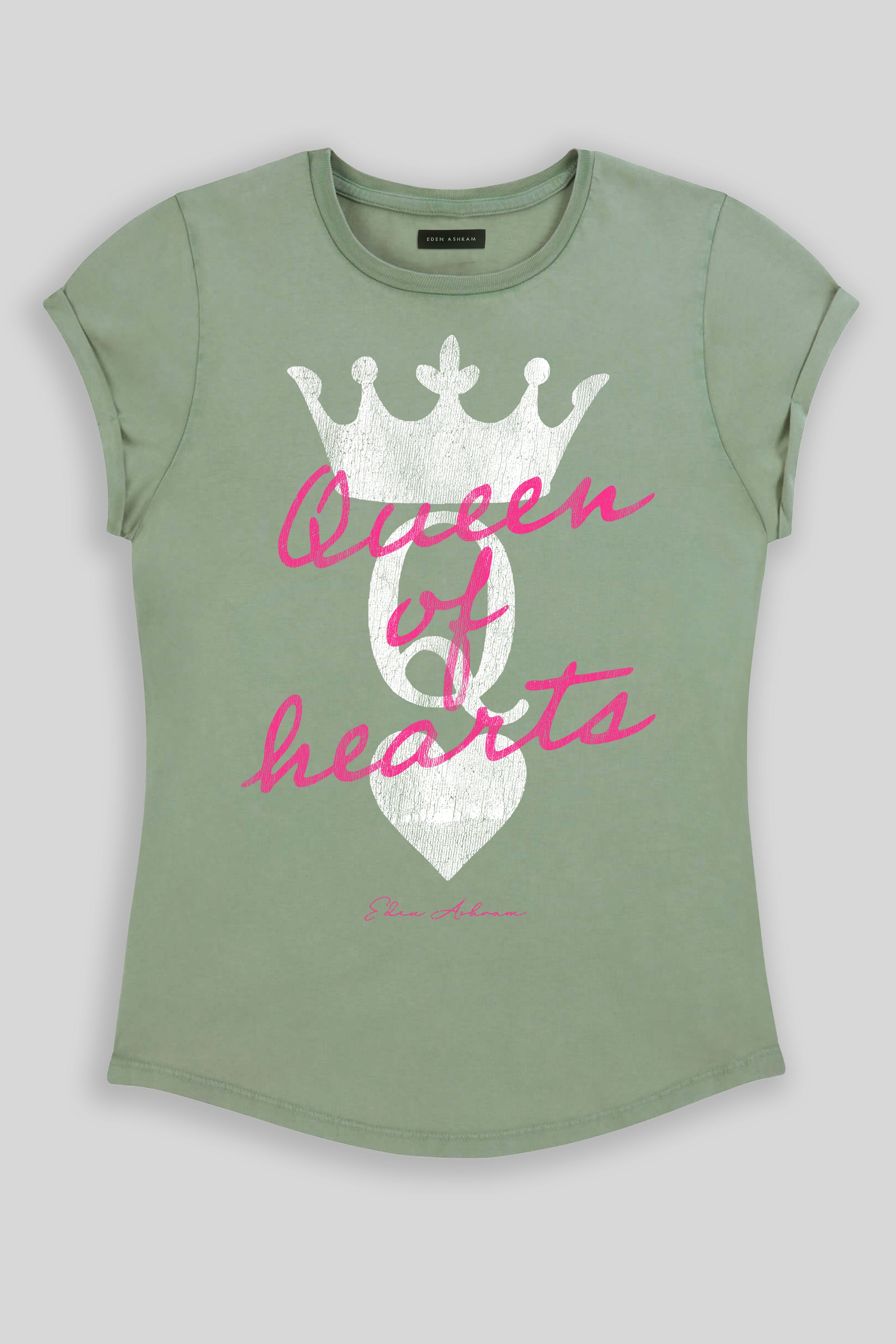 Eden Ashram Queen Of Hearts Premium Rolled Sleeve T-Shirt Stonewash Sage