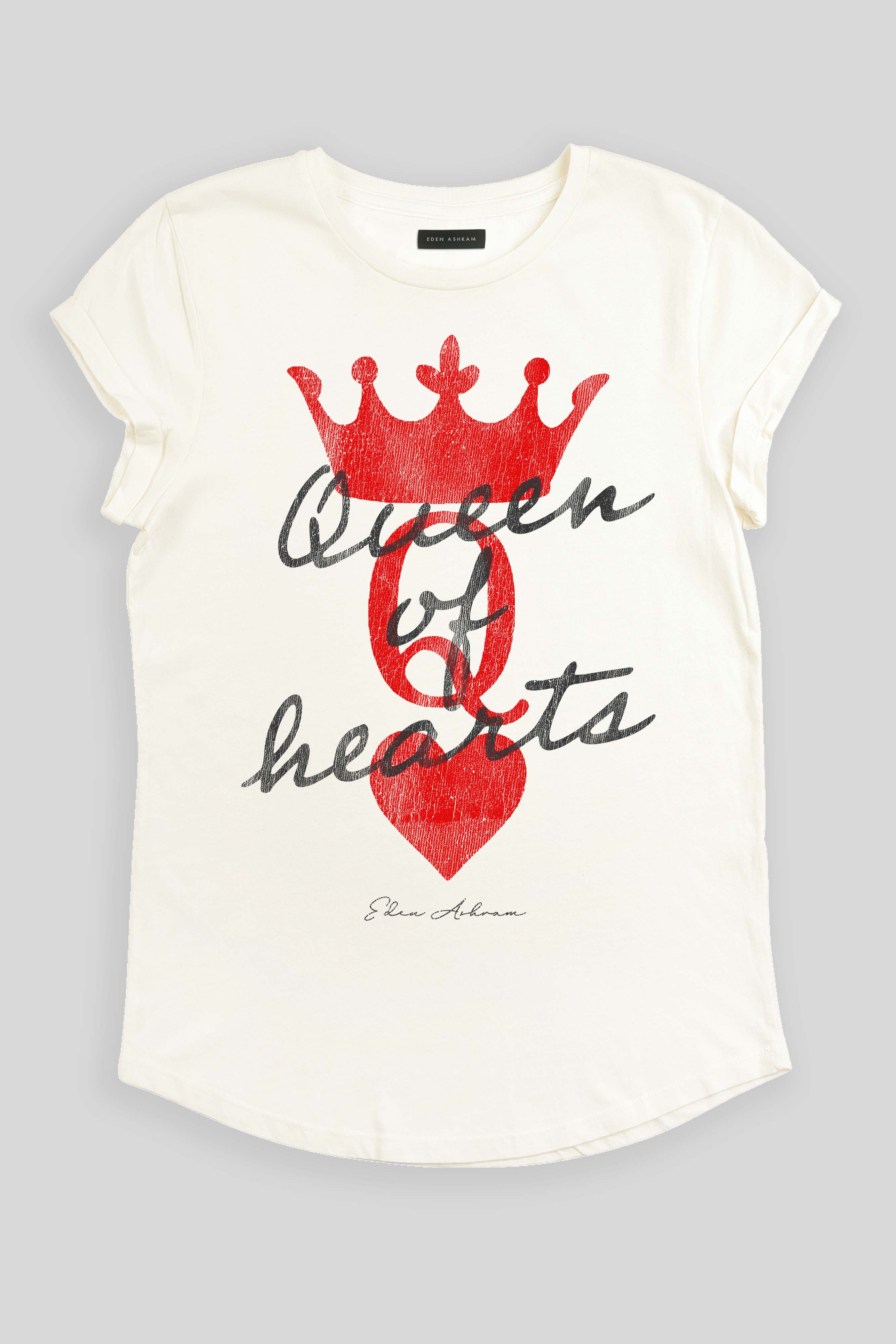 Eden Ashram Queen Of Hearts Premium Rolled Sleeve T-Shirt Stonewash White