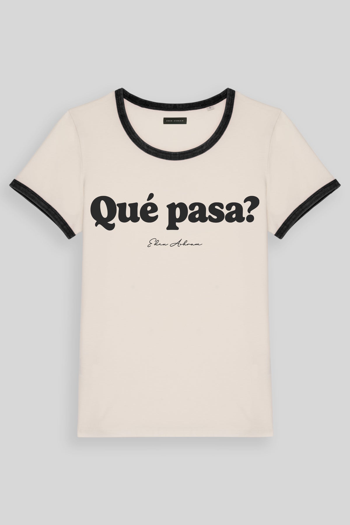 Eden Ashram Que Pasa? Premium Organic Ringer T-Shirt Washed Black