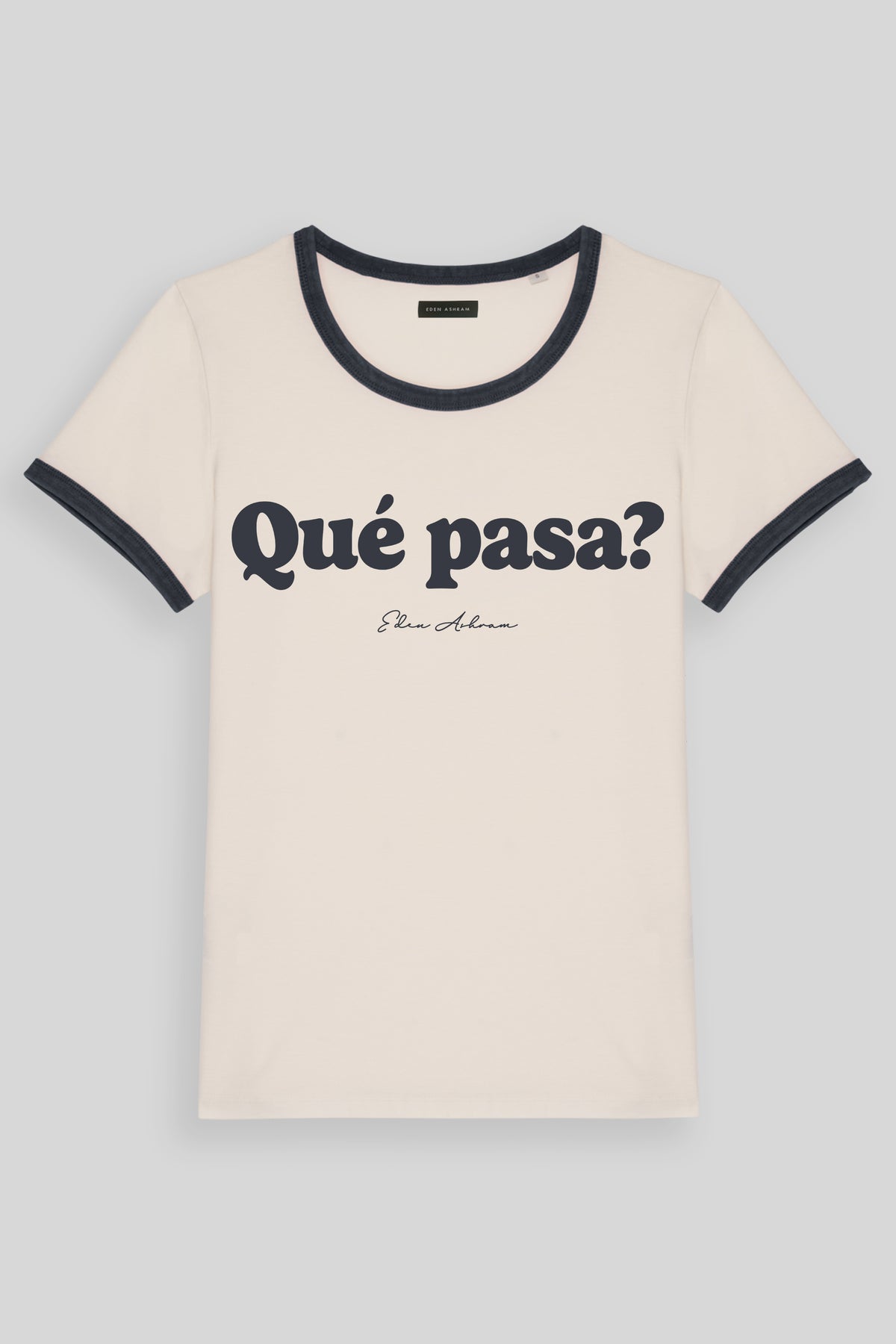 Eden Ashram Que Pasa? Premium Organic Ringer T-Shirt Washed Navy