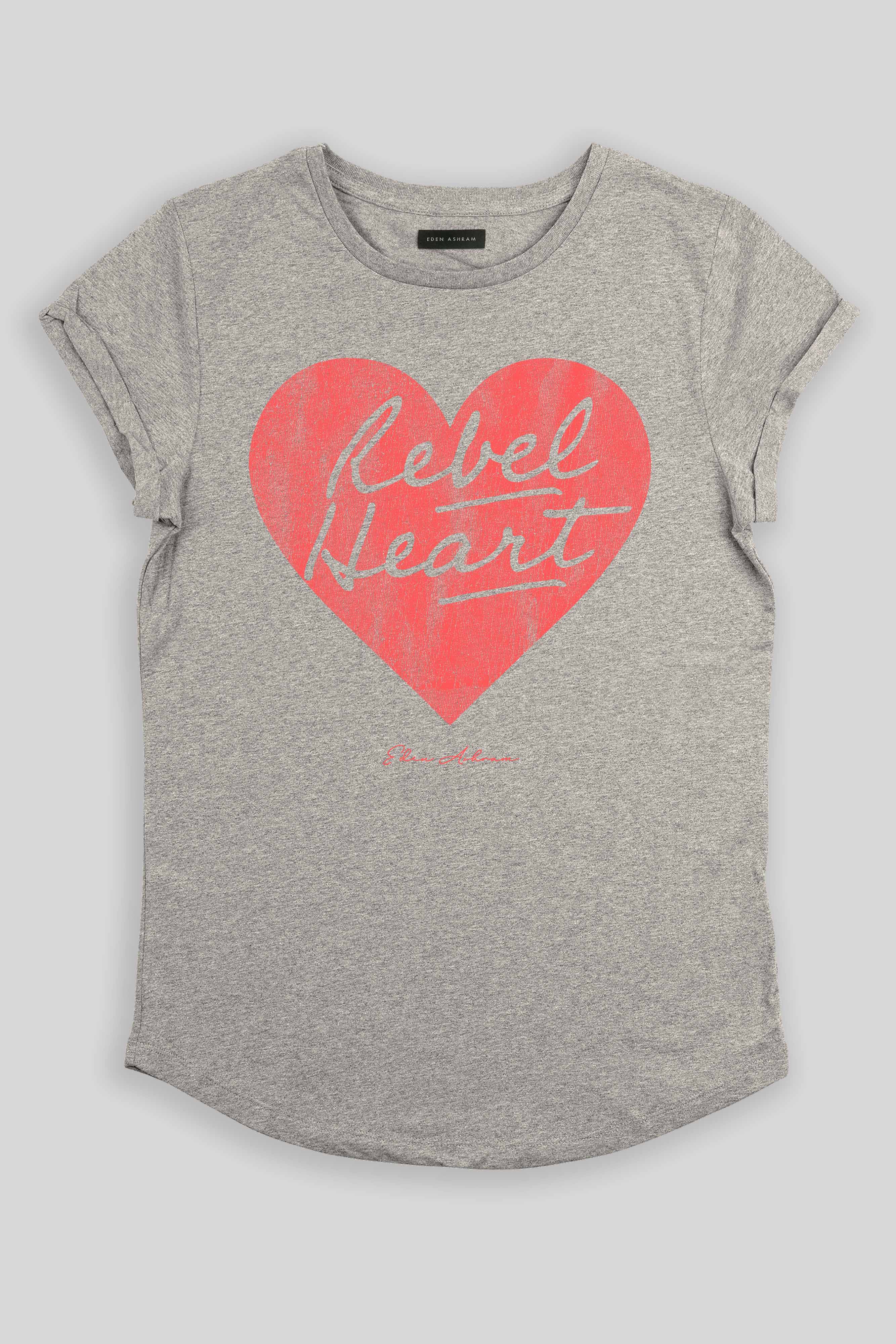 Eden Ashram Rebel Heart Premium Rolled Sleeve T-Shirt Heather Grey