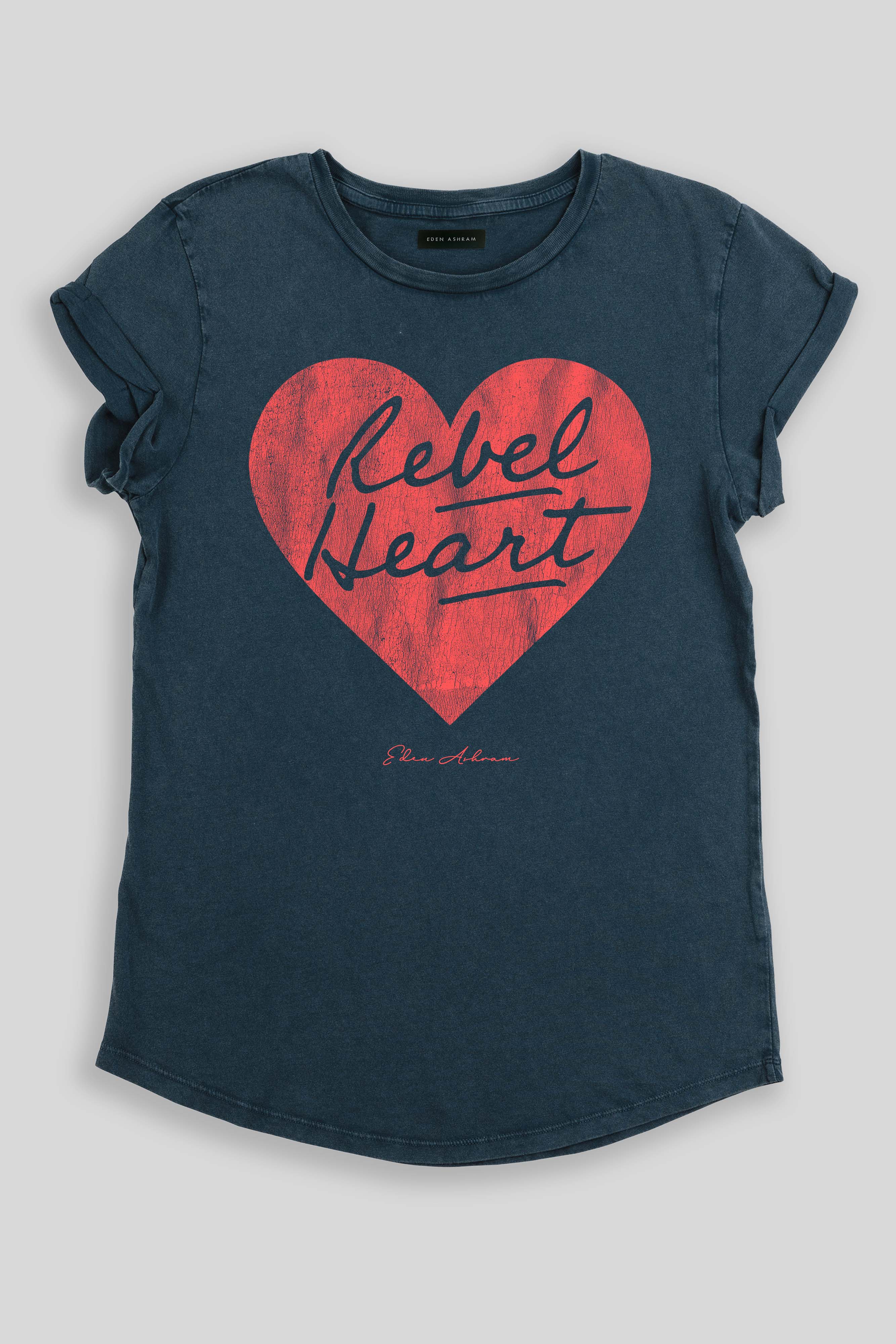 Eden Ashram Rebel Heart Premium Rolled Sleeve T-Shirt Stonewash Denim