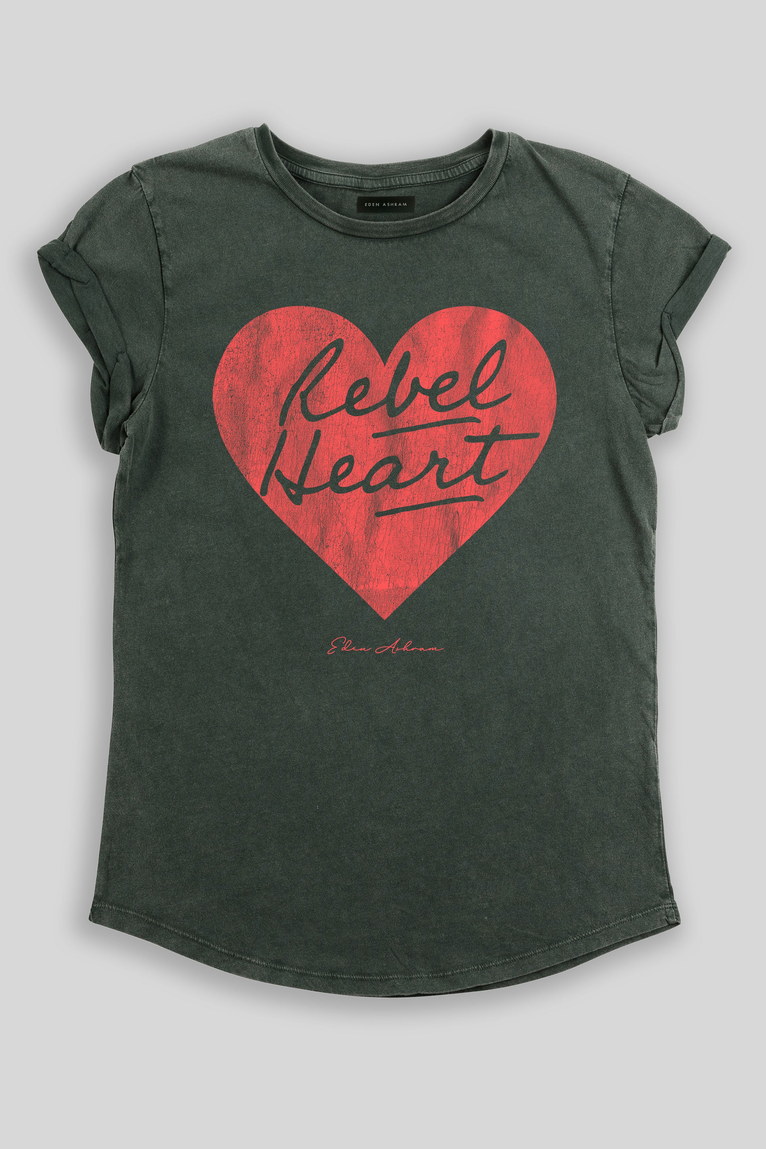 Eden Ashram Rebel Heart Premium Rolled Sleeve T-Shirt Stonewash Green