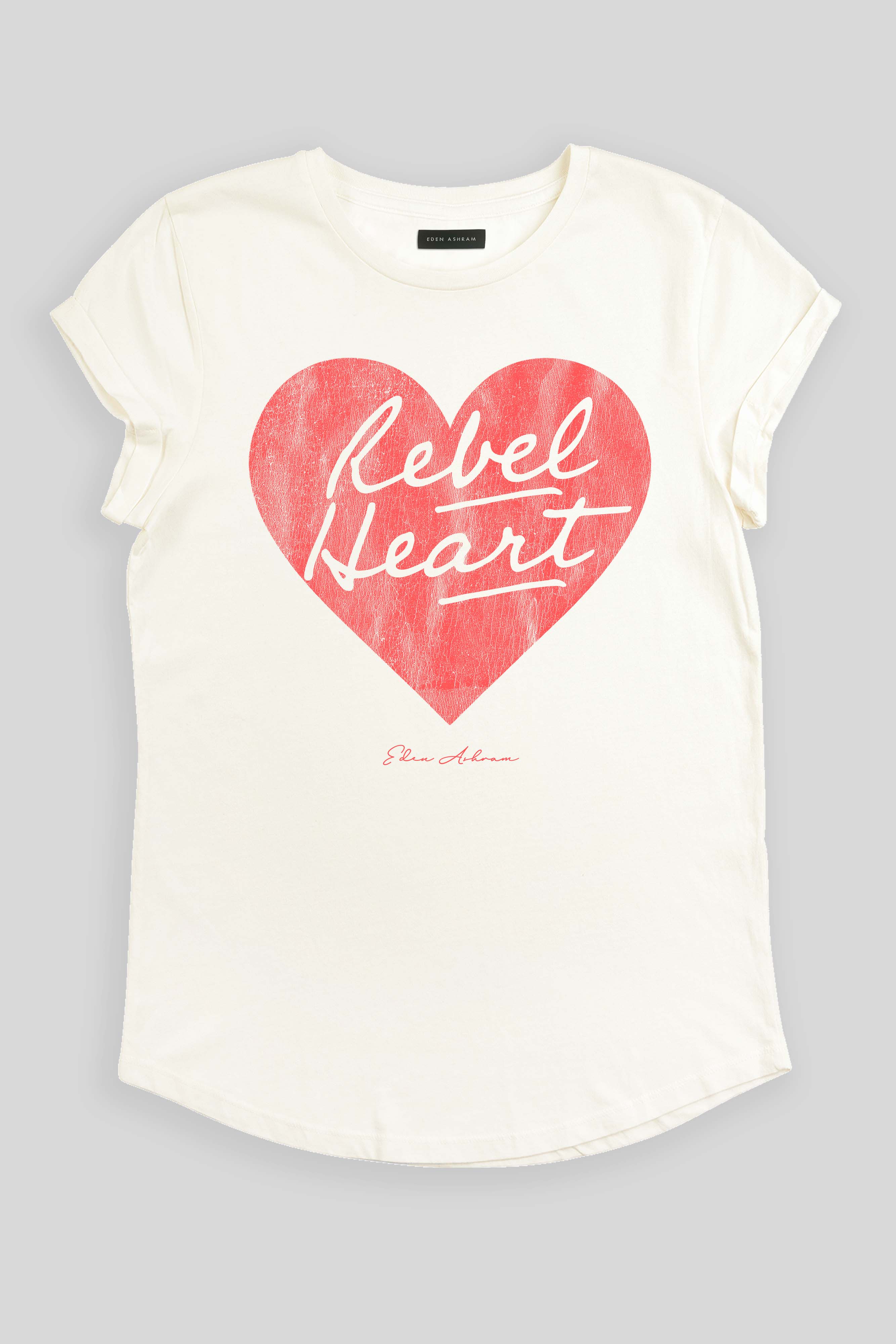 Eden Ashram Rebel Heart Premium Rolled Sleeve T-Shirt Stonewash White