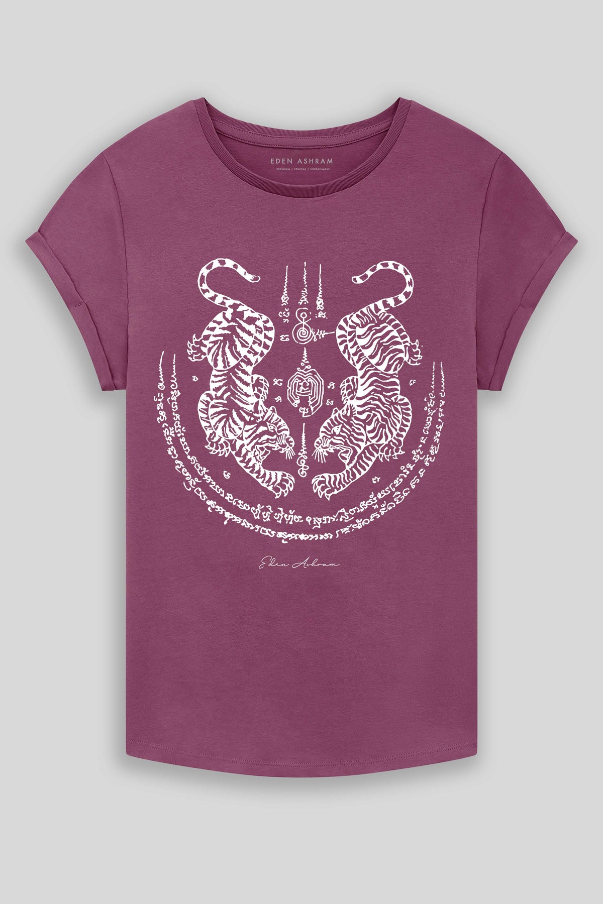 Eden Ashram Sak Yant Suea Koo (Twin Tigers) Premium Rolled Sleeve T-Shirt Faded Burgundy