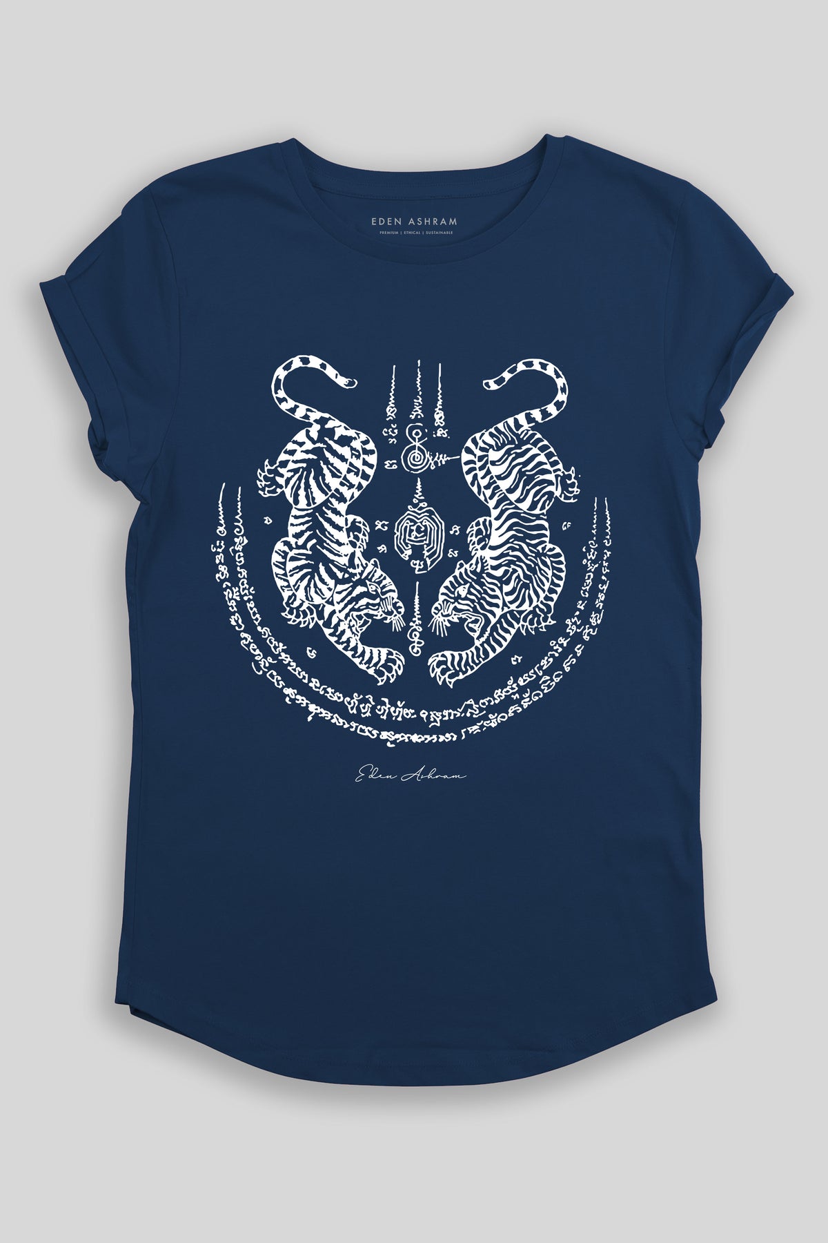Eden Ashram Sak Yant Suea Koo (Twin Tigers) Premium Rolled Sleeve T-Shirt French Navy