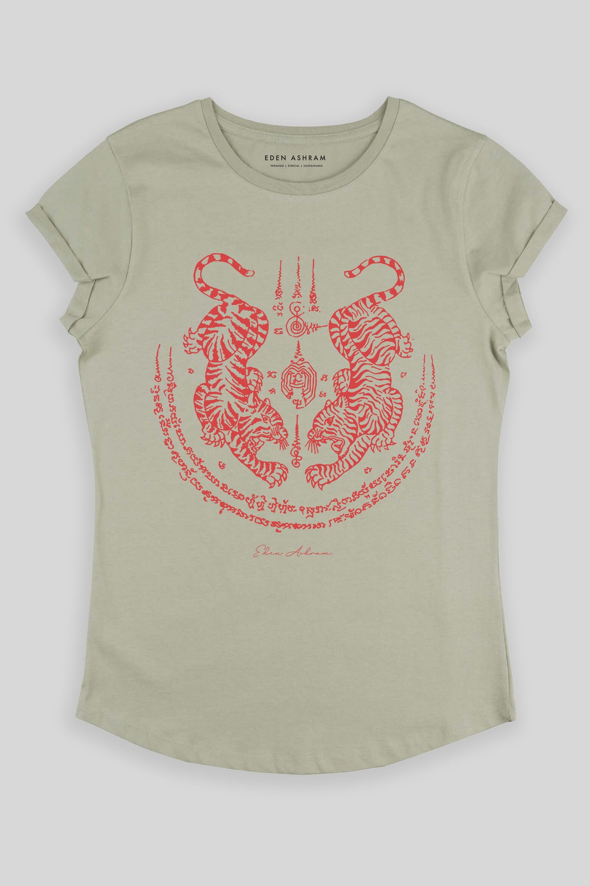 Eden Ashram Sak Yant Suea Koo (Twin Tigers) Premium Rolled Sleeve T-Shirt Light Olive