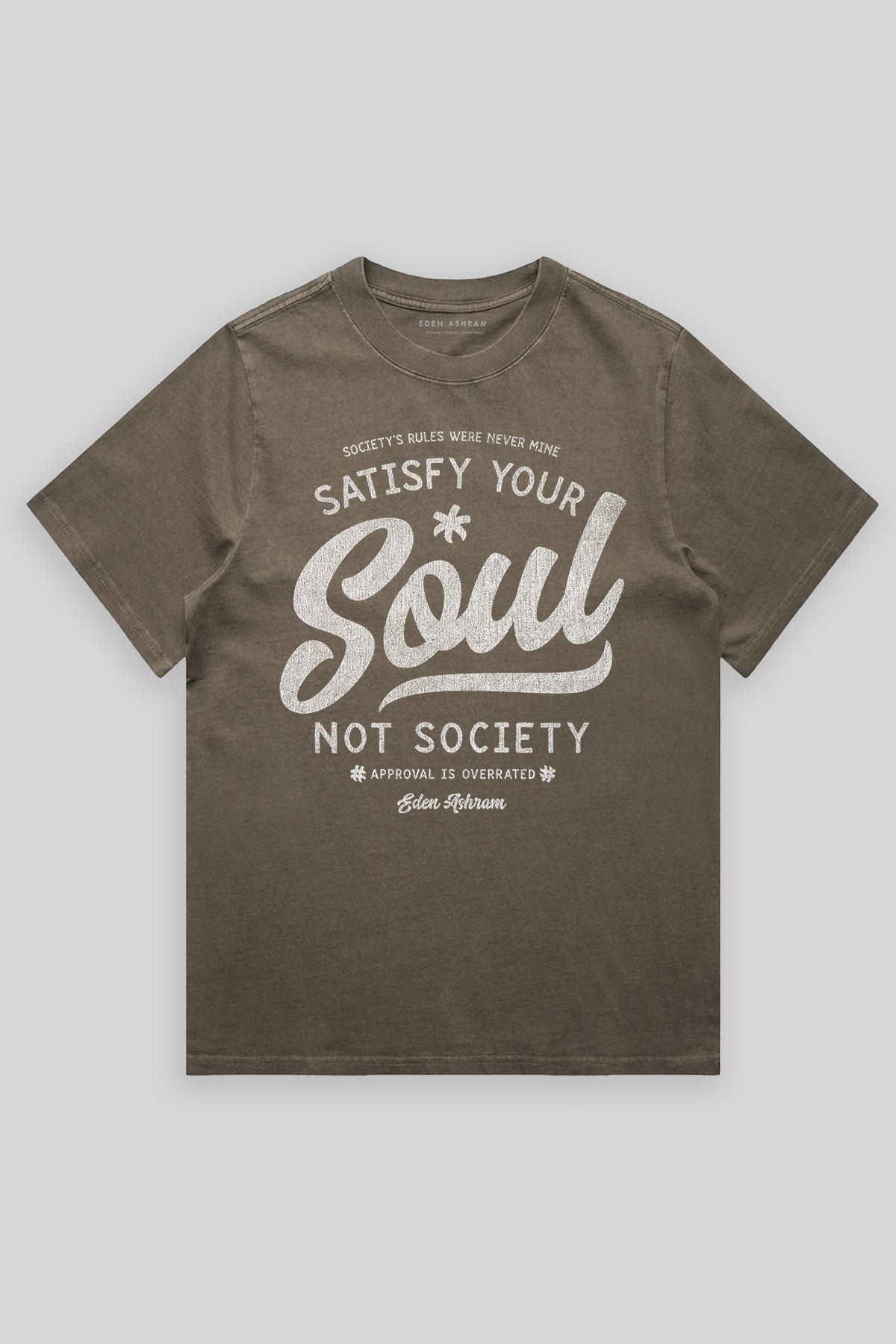 Eden Ashram Satisfy Your Soul - Not Society Heavy Faded Rocker T-Shirt Faded Brown